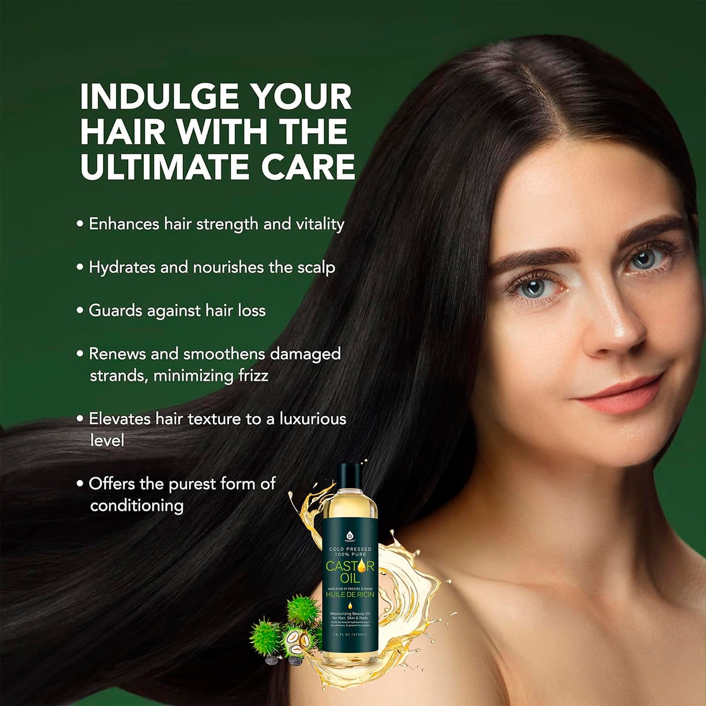 Pursonic Castor Oil (16oz) Cold-Pressed, 100% Pure, Hexane-Free Castor Oil-Moisturizing & Healing, For Dry Skin, Hair Growth - For Skin, Hair Care Beauty & Personal Care PURSONIC