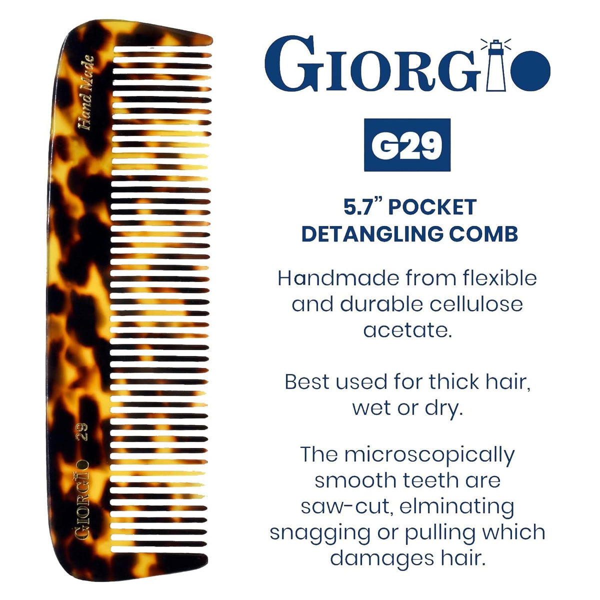 Giorgio G29 Handmade All Fine Tooth Pocket Comb for Men, Hair Comb Straightener for Everyday Grooming Styling Hair, Mustache and Beard for Men Women