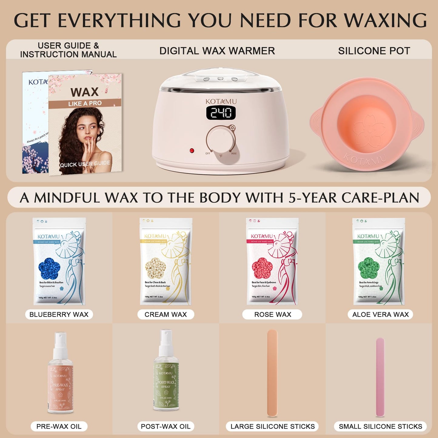 KOTAMU Waxing Kit for Women & Men, Wax Warmer for Hair Removal, Digital Wax Kit with Silicone Pot, Ideal for Face Eyebrow Arm Legs Armpit &Sensitive Beauty and Personal Care KOTAMU