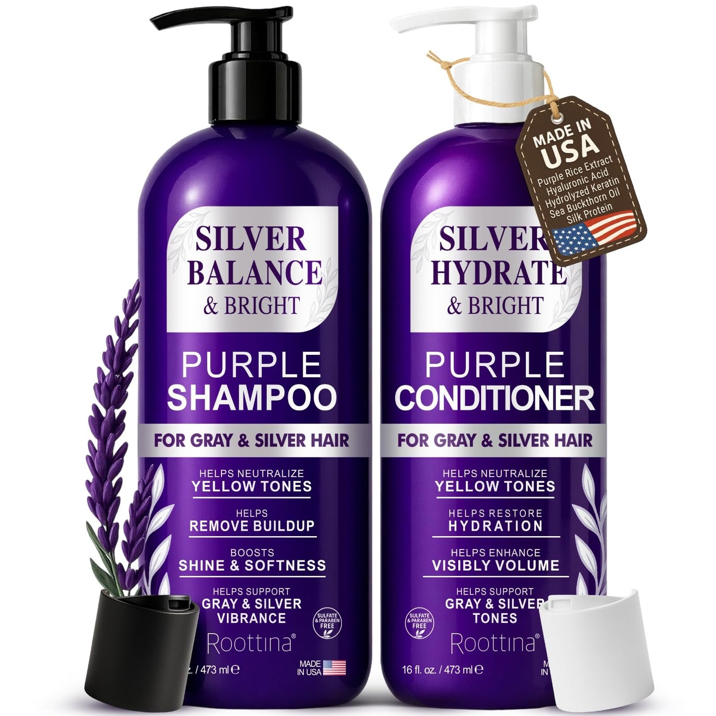 ROOTTINA Sulfate Free Brass Toning Purple Shampoo and Conditioner Set for Grey and Silver Hair, Moisturizing & Color-Safe, Enhances Shine Beauty & Personal Care Roottina