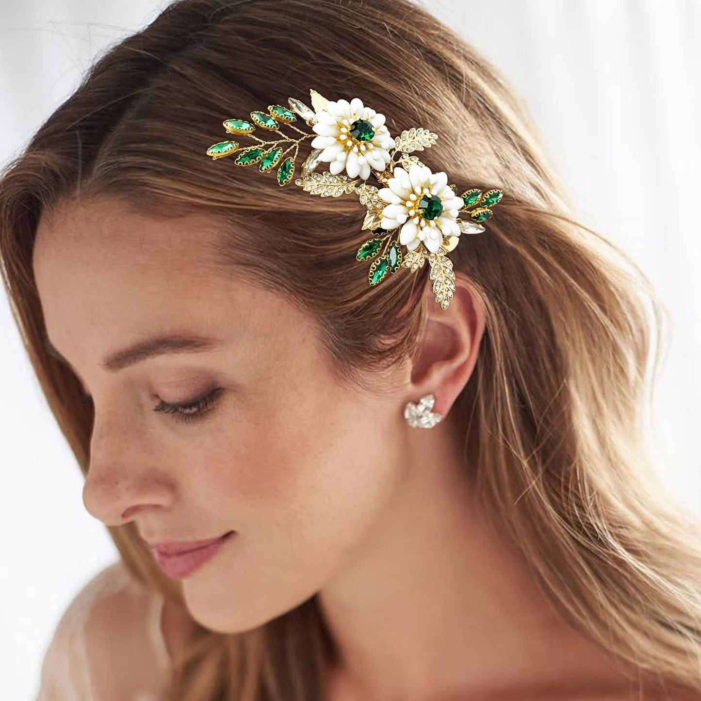 BETITETO Green Bridal Hair Clip White Enamel Flower Gold Leaf Crystal Wedding Hair Vine Piece Accessories for Women Girls (Green) Beauty & Personal Care BETITETO