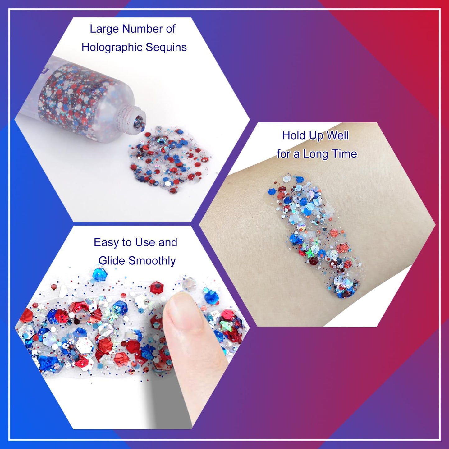 Faglowmify 4th of July Women&Kids Makeup Face Glitter Gel,Fourth of July Red White and Blue Accessories,Sparkle Festival Sparkling Rave Beauty & Personal Care faglowmify
