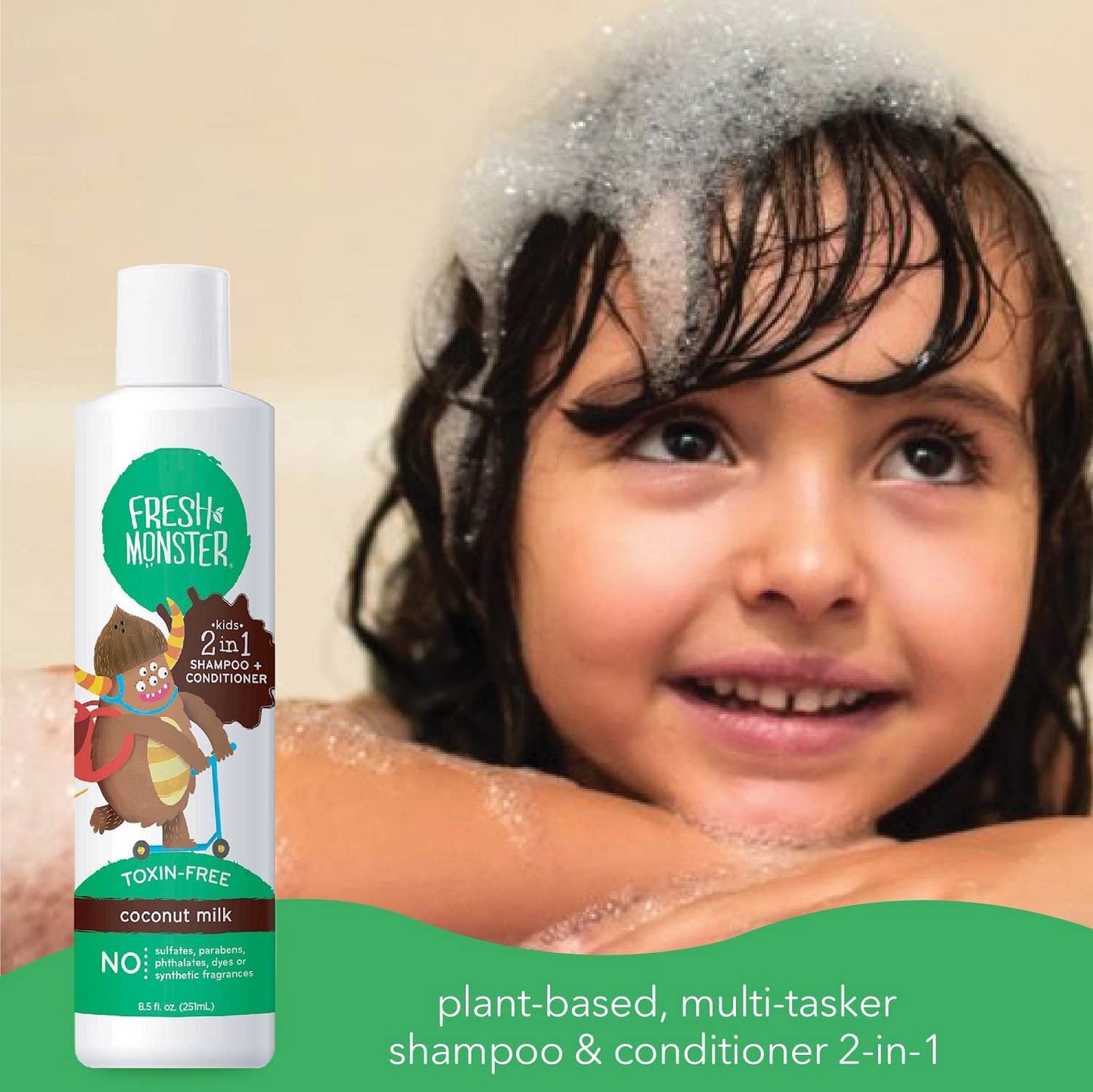 Fresh Monster 2-in-1 Kids Shampoo & Conditioner, Toxin-Free, Hypoallergenic, Tear-free Shampoo & Conditioner for Kids, Coconut (2 Pack, 8.5oz/each) Beauty & Personal Care Fresh Monster