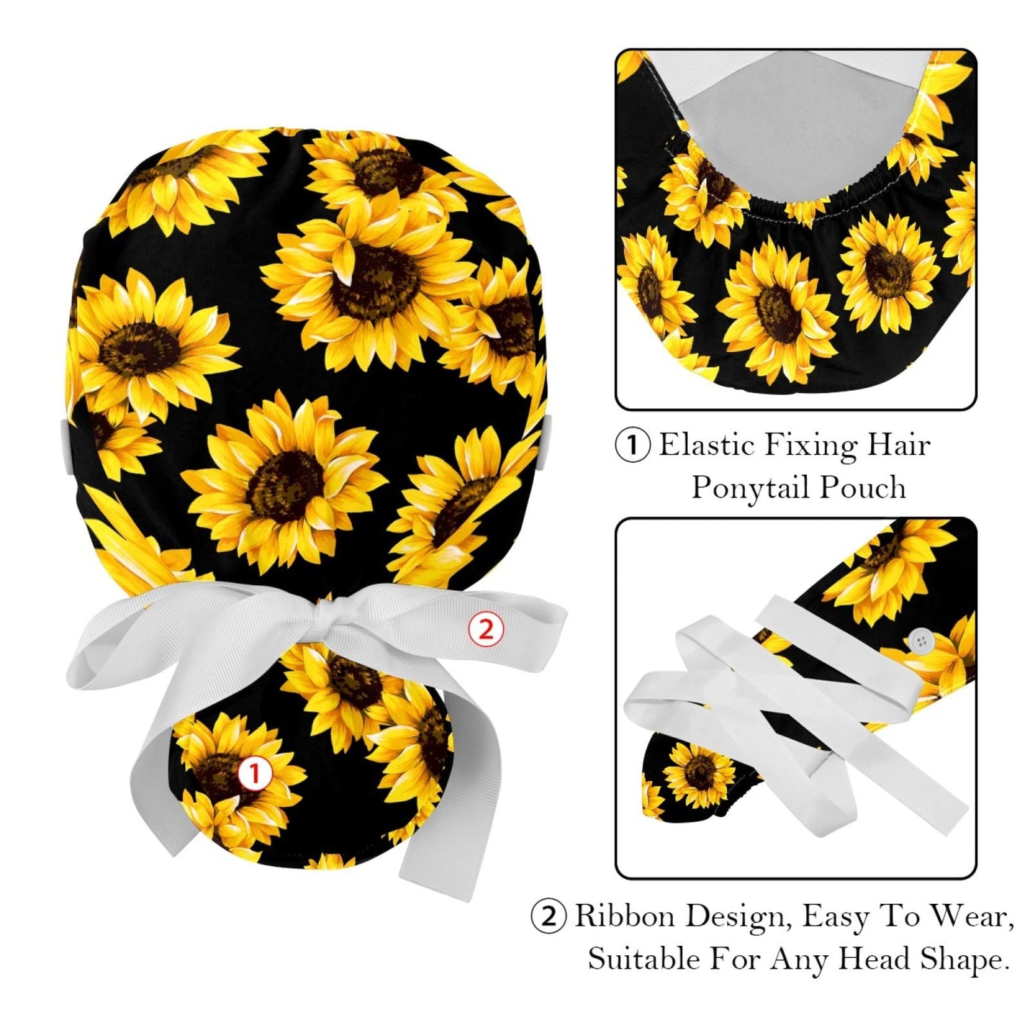 2 Pcs Adjustable Working Caps with Button, Yellow Sunflower Black Bouffant Ponytail Scrub Caps Women Long Hair Beauty and Personal Care Anna Cowper