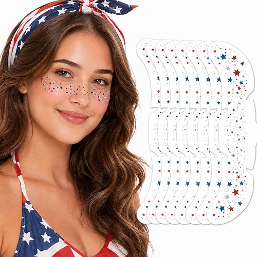 Artlunar 8 Pcs Red White Blue Star Freckle Stickers with Silver Glitter Powder for Face, 4th of July Glitter Face Stickers for Women Kids, Patriotic Beauty & Personal Care Artlunar