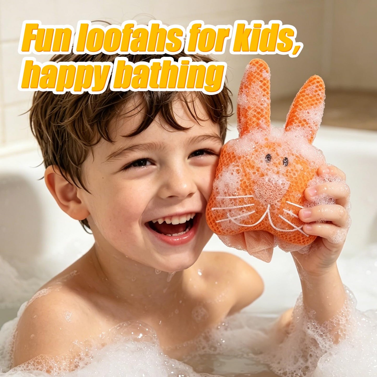 Kids Loofah, Cute Cartoon Animal Kids Bath Sponge with Hanging Rope, Soft Double Mesh for Rich Lather (Little Orange Rabbit) Beauty and Personal Care Taolivingmart