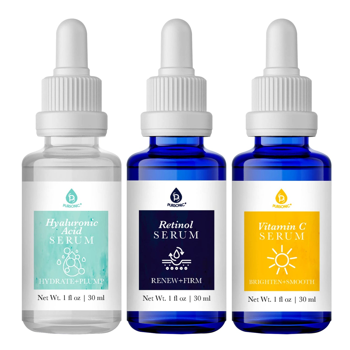 PURSONIC Anti Aging Skin Care Set of 3 - Hyaluronic Acid Serum, Retinol Serum & Vitamin C Face Serum for Women - Nourishing Hydrating Serum for Face Beauty & Personal Care PURSONIC