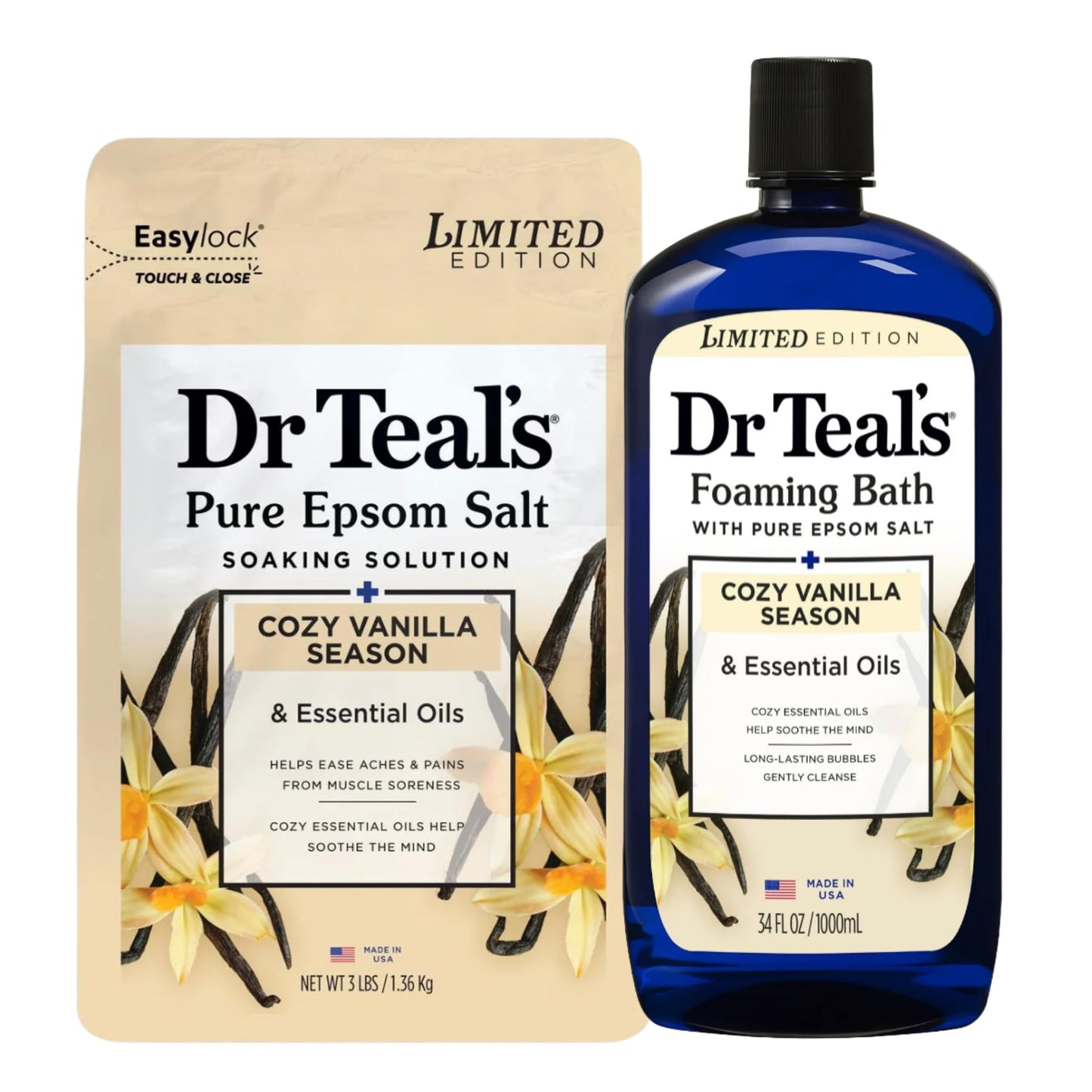 Dr Teal's Cozy Vanilla Season Comfort Pure Epsom Salt Soak and Cozy Vanilla Season Foaming Bath Duo Pack Beauty and Personal Care Dr Teal's