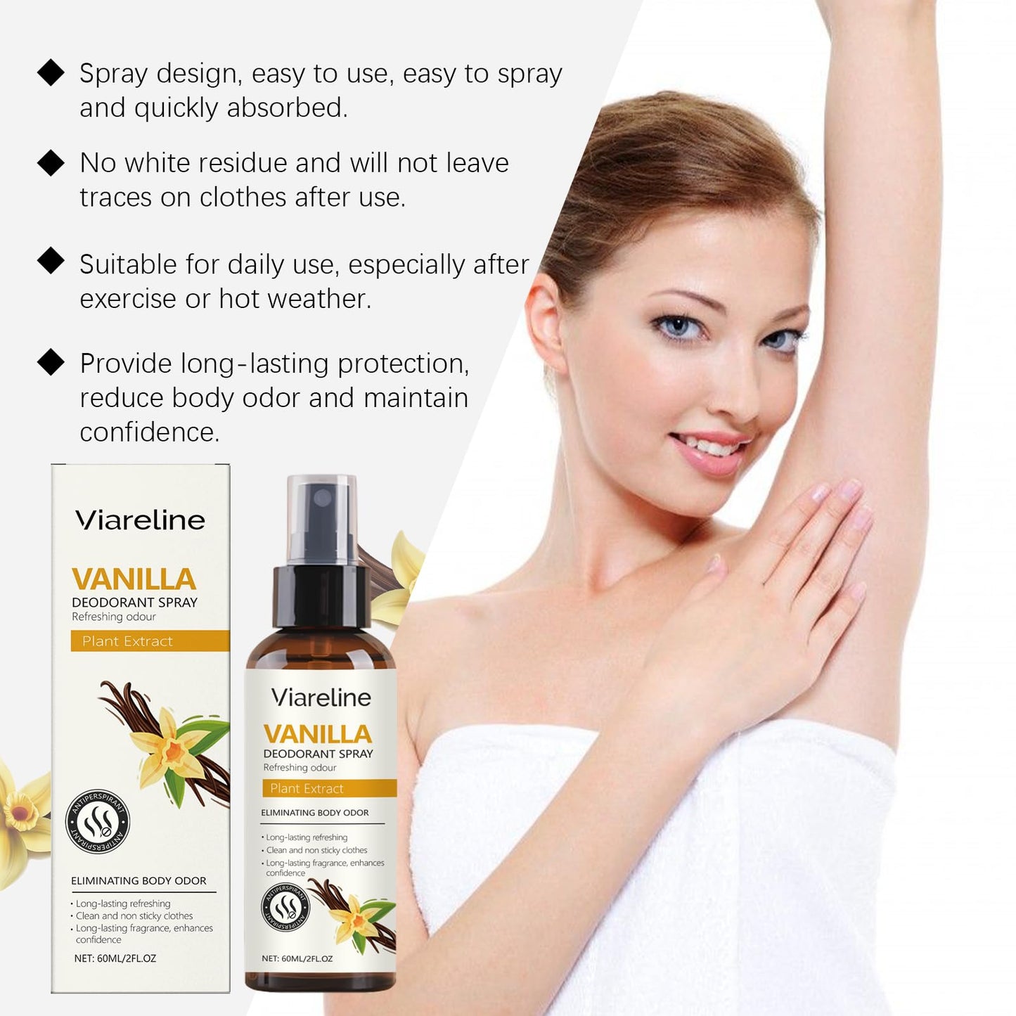 Viareline Vanilla Deodorant Spray, Plant Extract, Antiperspirant, Eliminates Body Odor, Long-Lasting Fragrance, 2 fl oz Beauty and Personal Care Viareline
