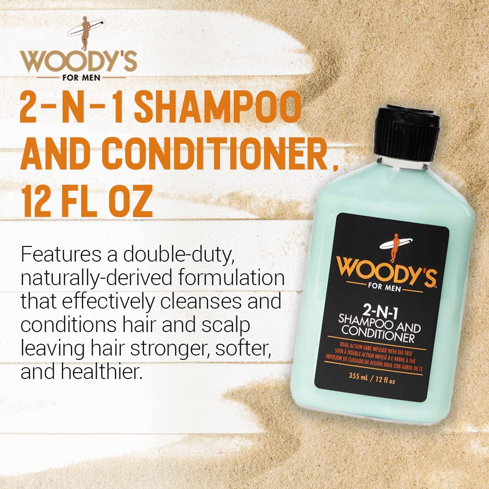 Woody’s 2-in-1 Shampoo & Conditioner - Men’s Hair Cleanser with Saw Palmetto, Soy Protein, Peppermint & Menthol Scalp Care, Paraben & Sulfate-Free, 12