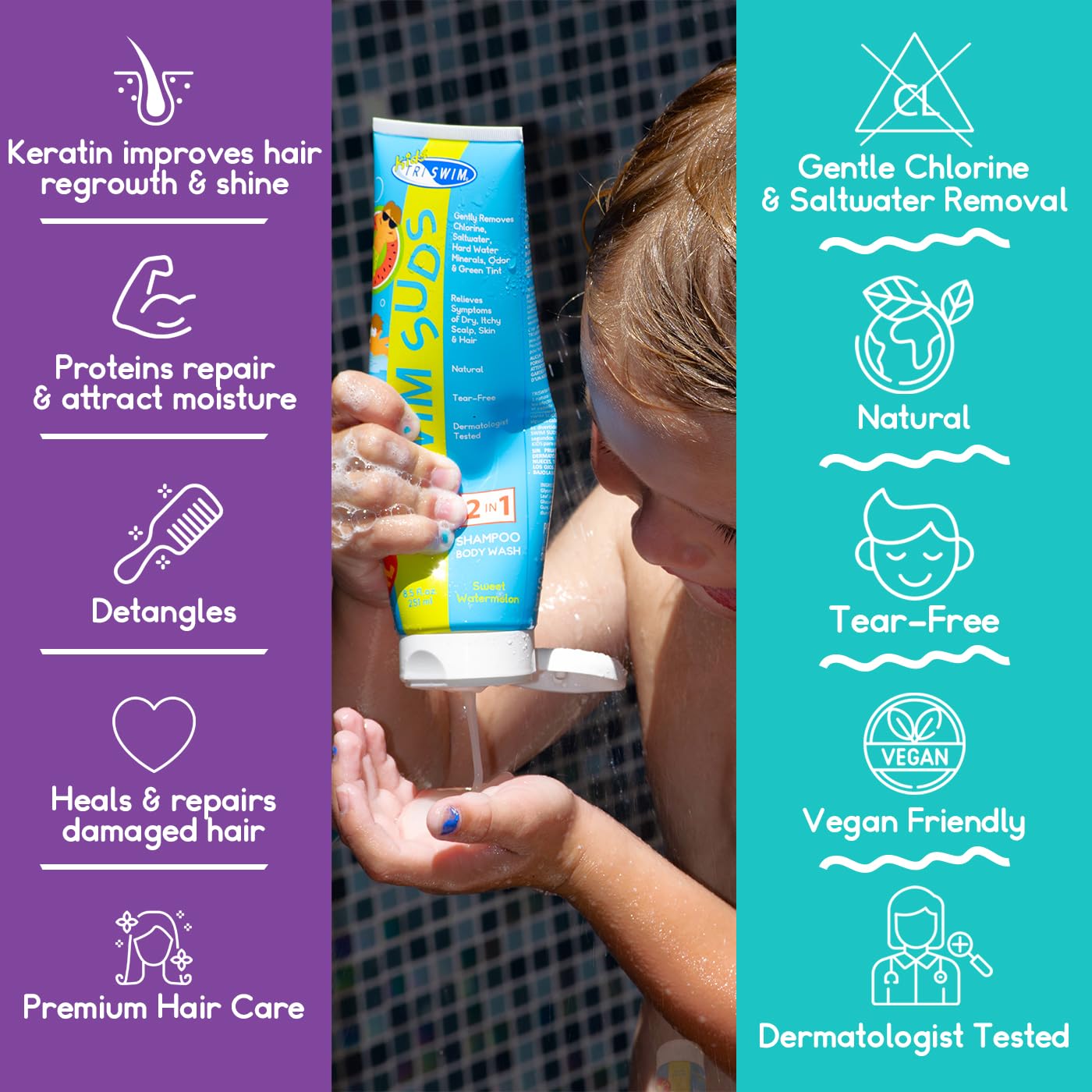 TRISWIM Kids Swim Suds & Conditioner Set 8.5 fl oz each | Natural Tear-Free 2-in-1 Shampoo Chlorine Removal & Body Wash with Detangler - Gentle Hair Beauty & Personal Care TRISWIM