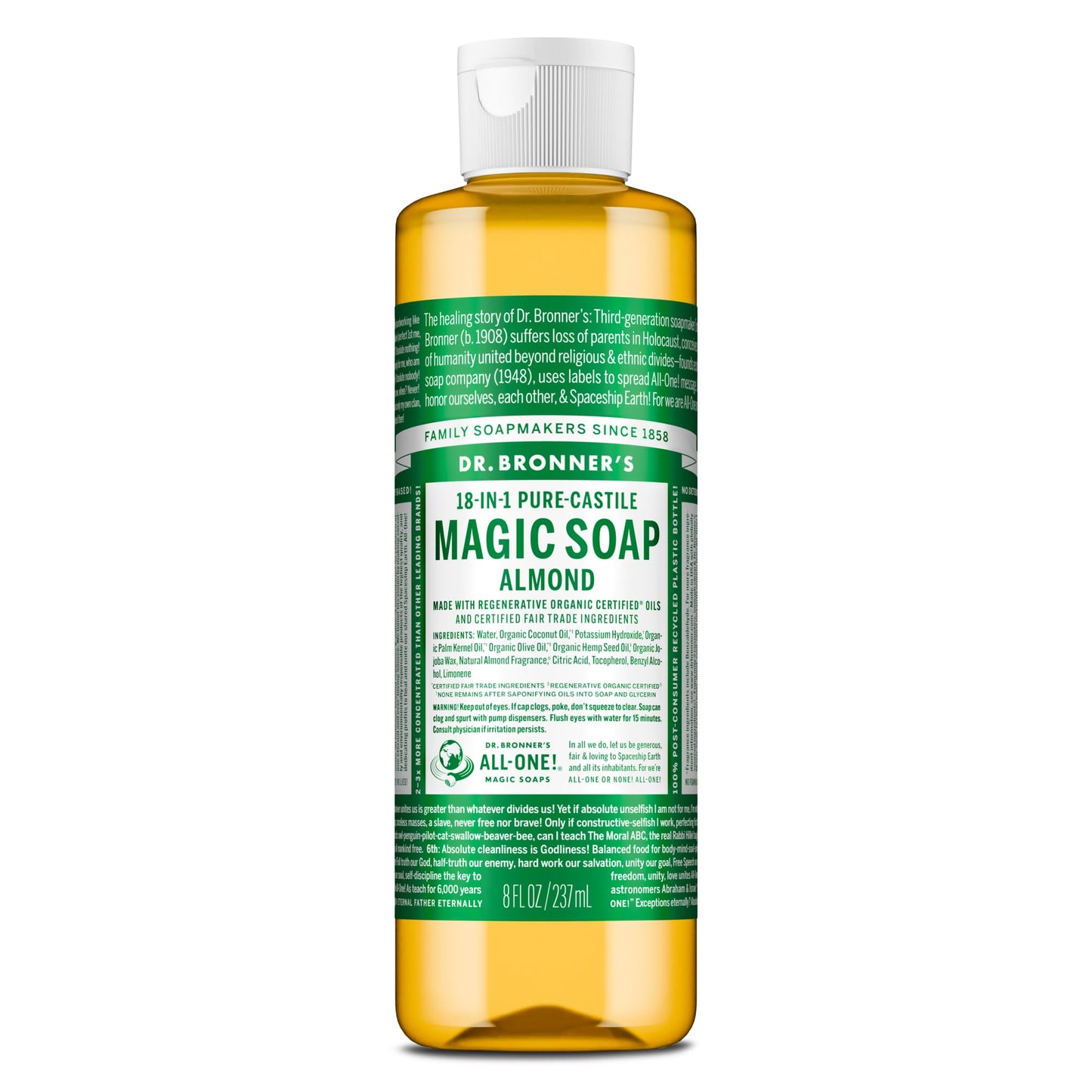 Dr. Bronner's Pure-Castile Magic Soap Liquid (Almond, 8 Ounce) - Made with Regenerative Organic Certified Oils, 18-in-1 Uses: Face, Body, Hair Beauty & Personal Care Dr. Bronner's