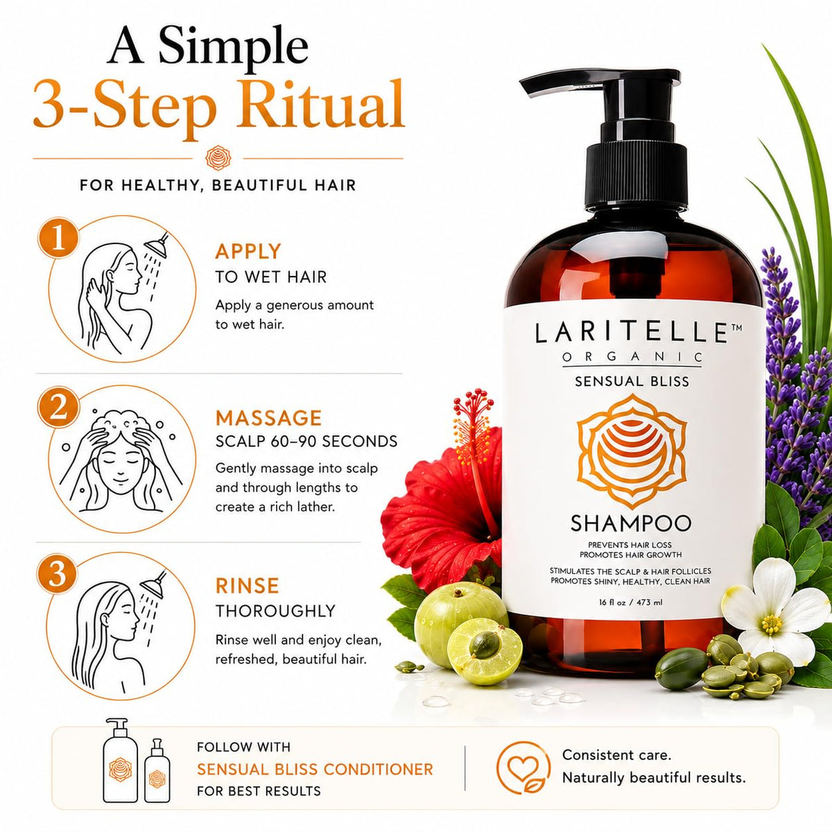 Laritelle Organic Shampoo Sensual Bliss 17.5 oz | Argan Oil, Rosemary, Palmarosa | Sulfate-Free, Vegan, Color-Safe