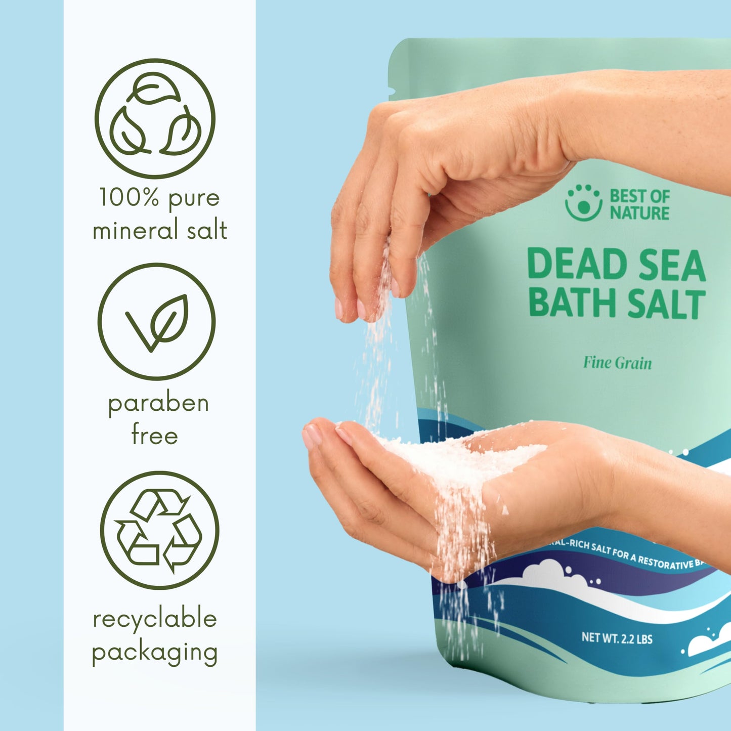 Best of Nature Dead Sea Salt 2.2 lb Fine Grain Bath Soak Salt, Mineral-Rich Crystals, Resealable Bag, Made in the USA Beauty and Personal Care Best of Nature
