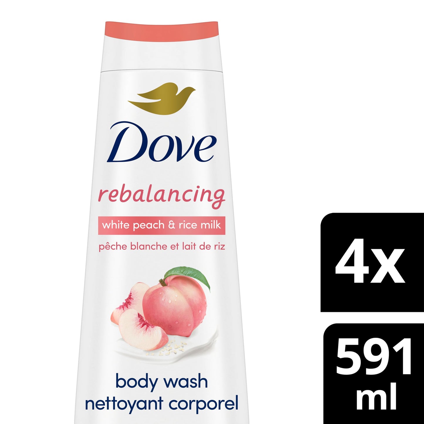 Dove Body Wash Rebalancing White Peach & Rice Milk, 4 Count for Renewed, Healthy Looking Skin, Moisturizing Gentle Skin Cleanser with 24hr Renewing Beauty & Personal Care Dove