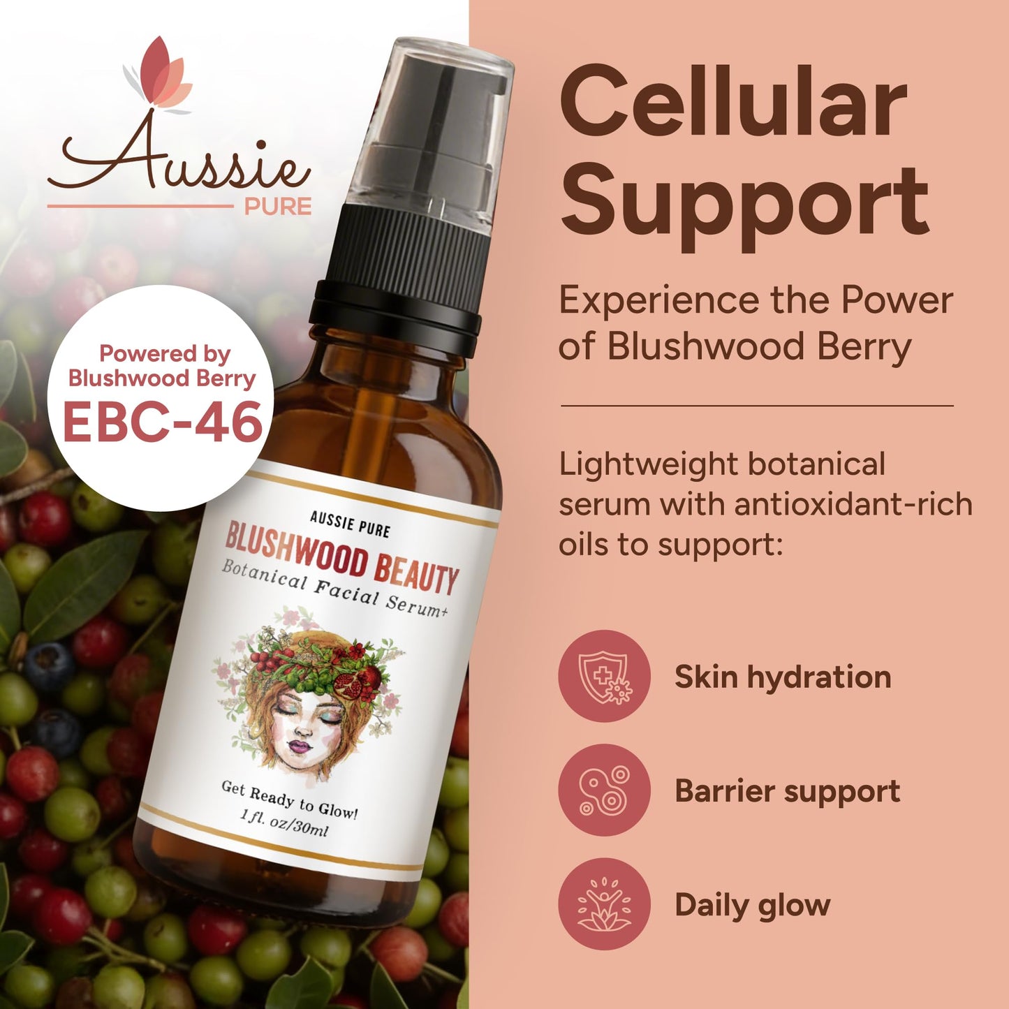 Aussie Pure Blushwood Beauty Botanical Facial Serum, Blushwood Berry (EBC-46) + Kakadu Plum Vitamin C, Antioxidant Hydrating Face Serum for Dewy Glow Beauty & Personal Care Aussie Pure