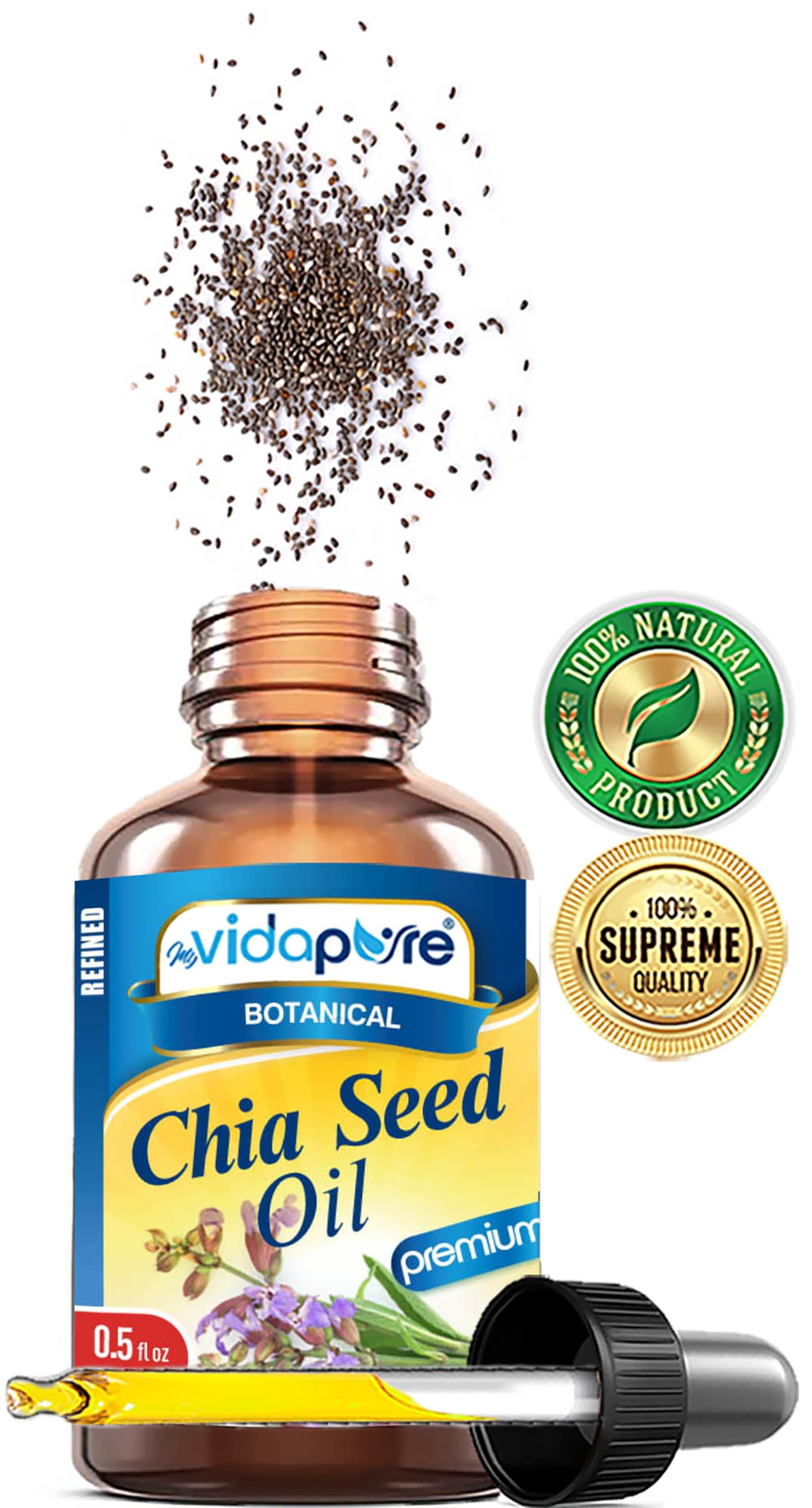 MYVIDAPURE CHIA SEED OIL Pure Natural Undiluted Refined Cold Pressed Carrier Oil for Skin, Face, Hair, Lip and Nail Care Anti-Aging (0.5 Fl Oz) Beauty & Personal Care MYVIDAPURE