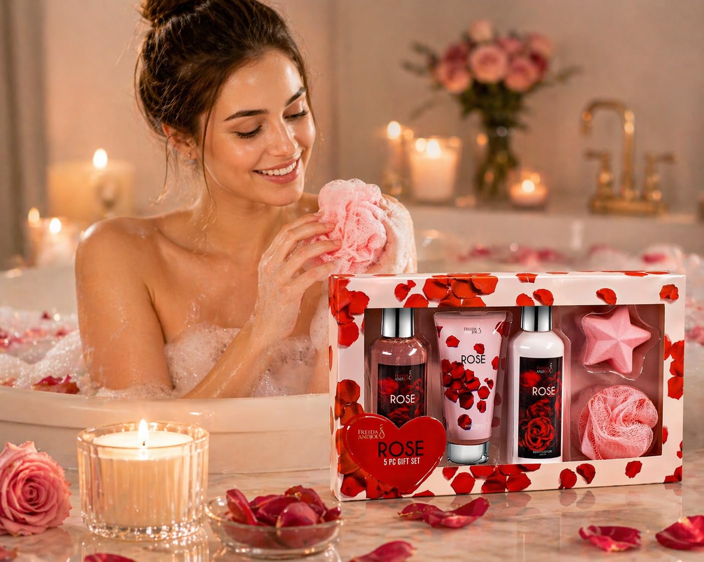 Fragrance Bath & Body Collection Gift Box, Rose Spa Set Beauty and Personal Care Freida and Joe