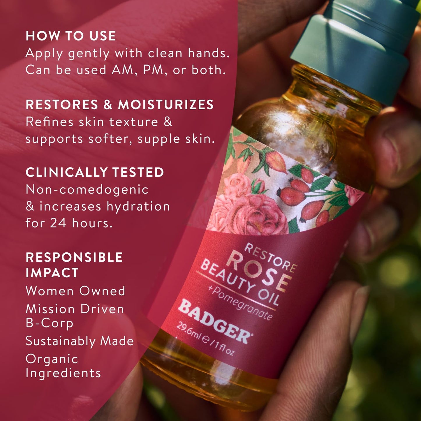 Badger Rose Face Oil, 100% Organic Face Moisturizer, Nourishing & Soothing Organic Jojoba Oil & Rose Oil, Vegan Antioxidant Rich Moisturizing Facial Beauty & Personal Care Badger