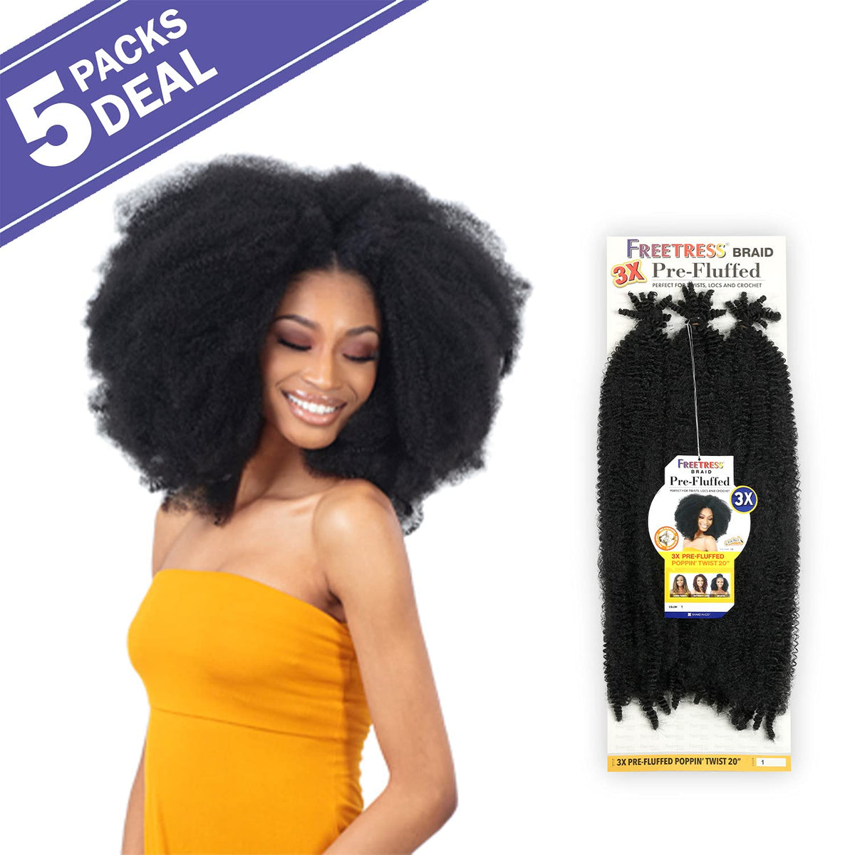 SHAKE N GO FreeTress Crochet Braids 3X Pre-Fluffed Poppin Twist 20 (5-PACK, 1B)