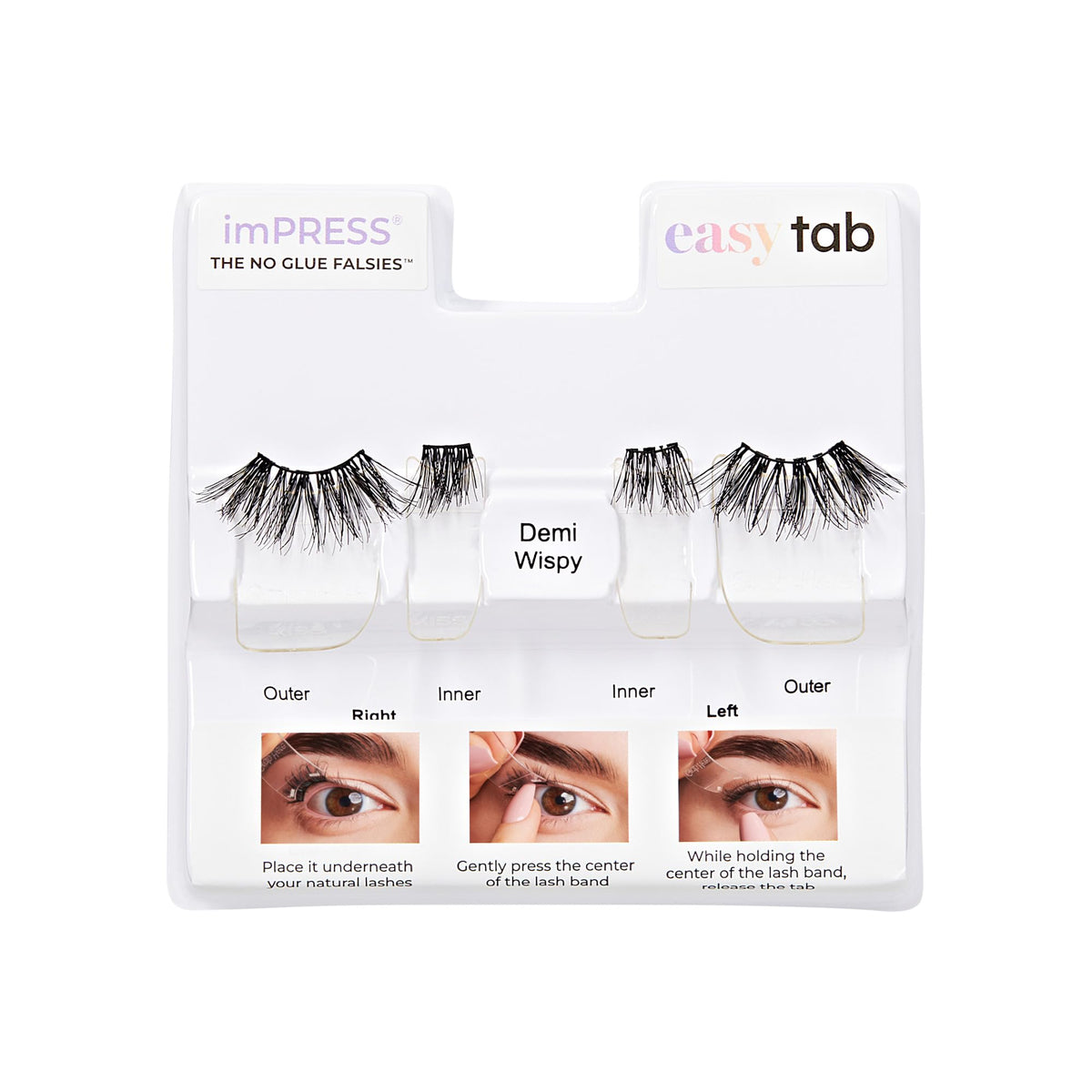 Kiss Impress Falsies Easy Tab Press On Self Adhesive Eyelashes, Black, 'Demi Wispy', 1 Pair of 8mm-10mm Inner Natural Volume Eyelash Clusters & 1 Pair