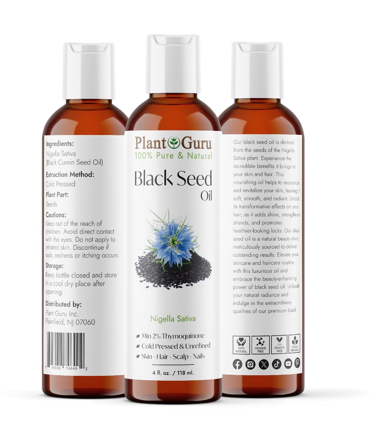 Plant Guru Black Cumin Seed Oil 4 fl. oz. Unrefined Cold Pressed 100% Pure Natural Nigella Sativa Kalonji Oil For Skin Care, Hair Growth, Scalp Beauty & Personal Care Plant Guru