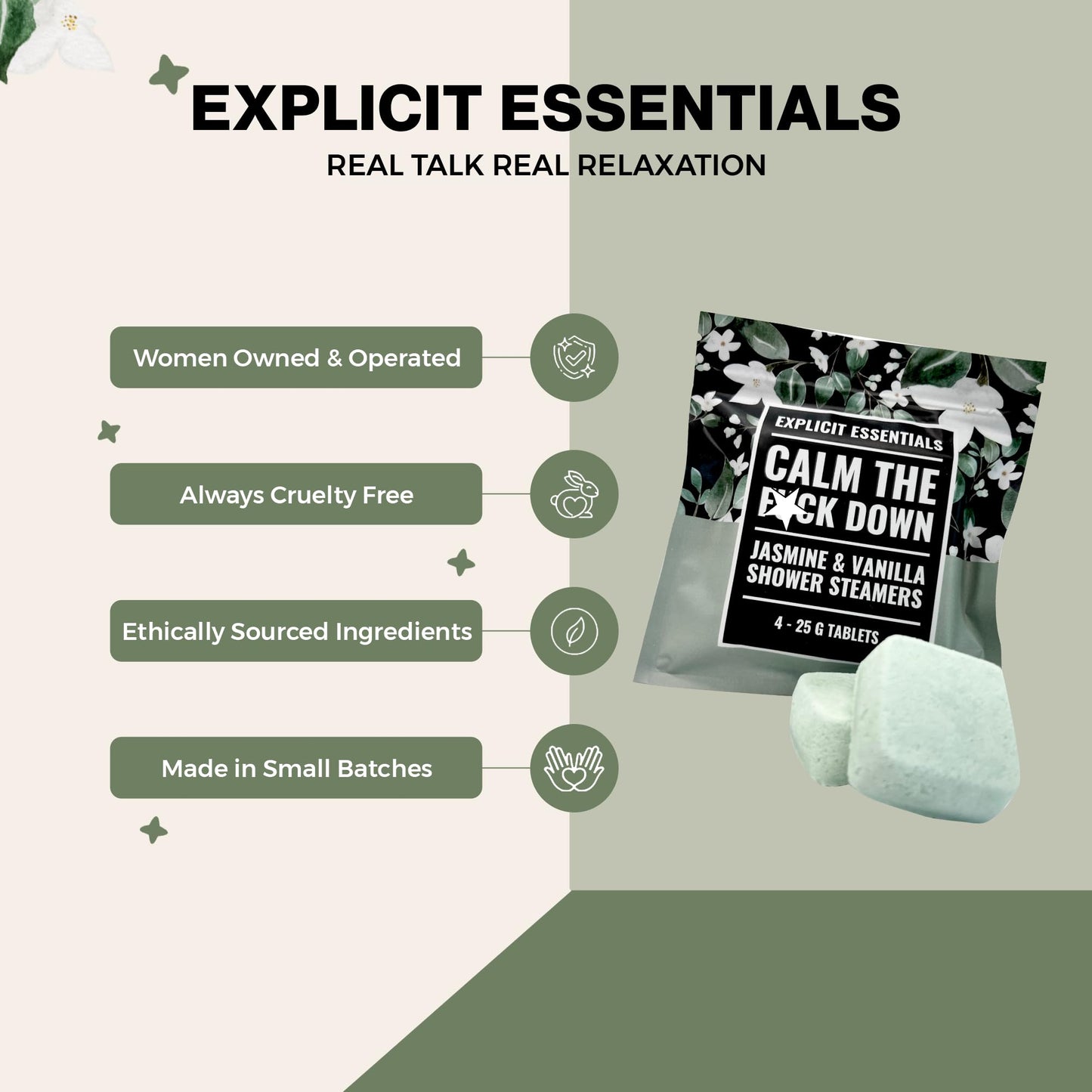 Explicit Essentials Calm The F Down Shower Steamers - Jasmine Vanilla Aromatherapy Shower Steamers for Relaxation & Stress Relief - Spa Shower Gift Beauty and Personal Care Explicit Essentials