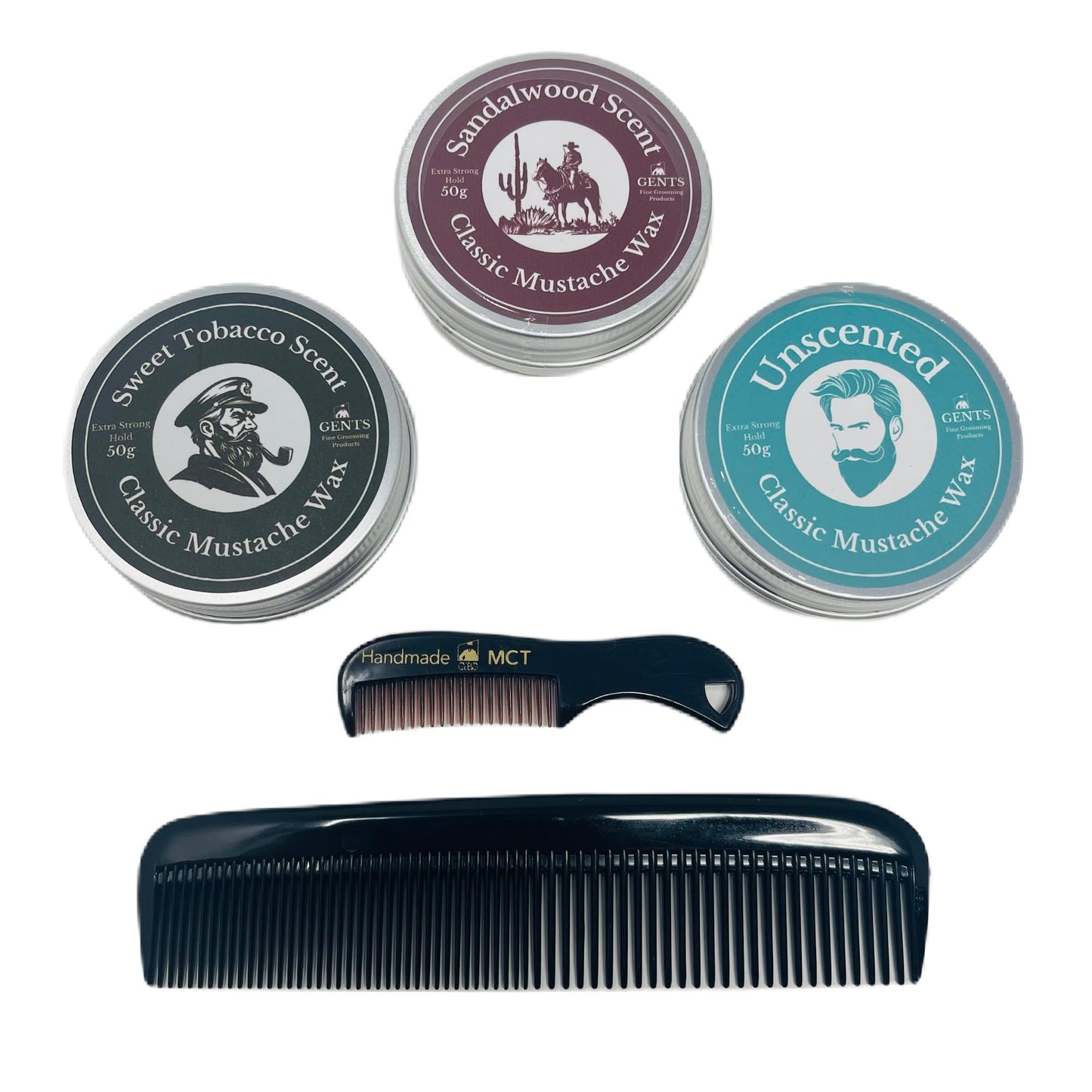 G.B.S 3 Mustache Wax Set - Sandalwood, Sweet Tobacco & Unscented - Includes Pocket Mustache Comb & Unbreakable 5-in Fine & Coarse Comb - Strong Hold Beauty and Personal Care G.B.S