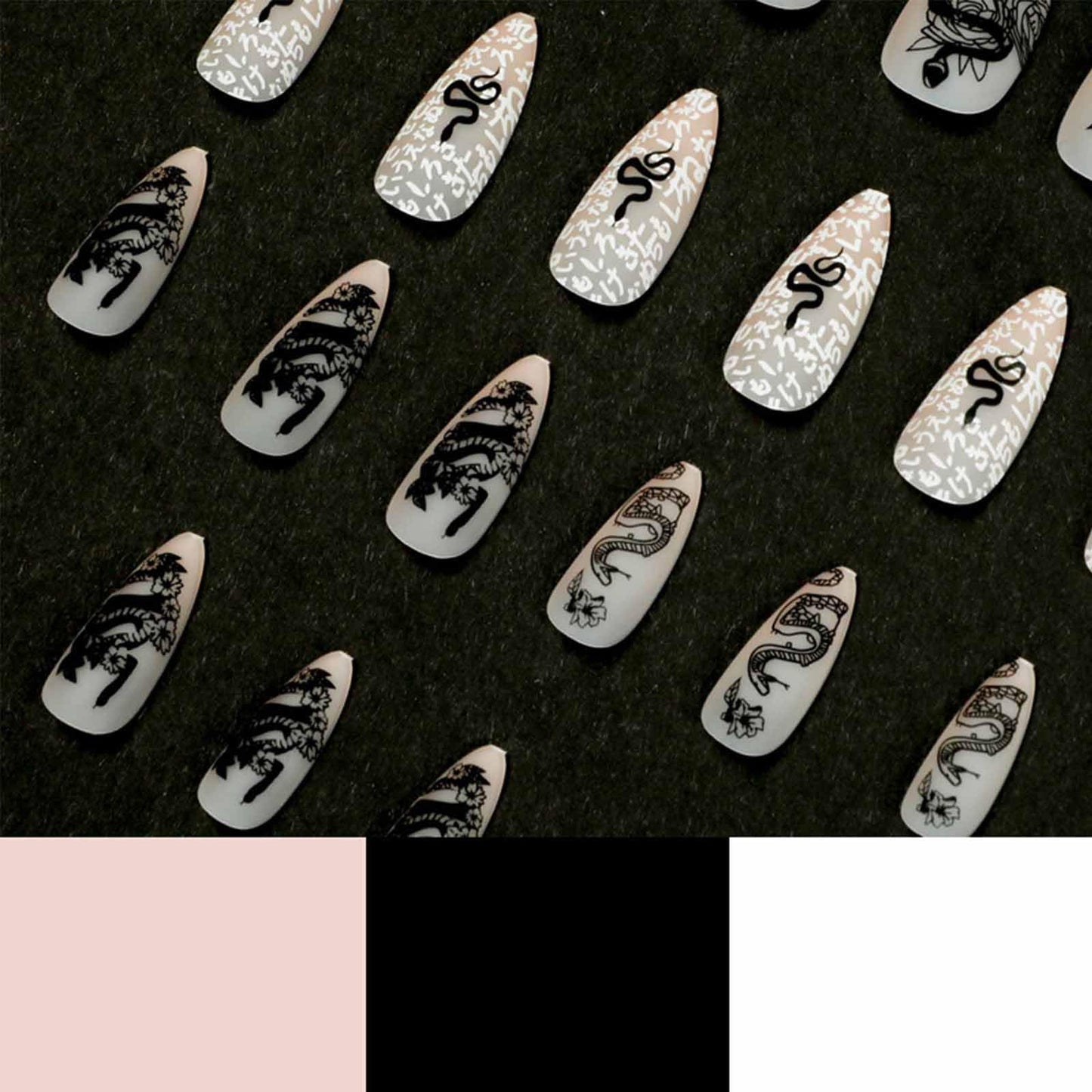 IMSOHOT Almond Press on Nails Medium Matte Nude Fake Nails Full Cover Acrylic False Nails with Black Rose Snake Designs Glue on Nails 24pcs Beauty & Personal Care IMSOHOT