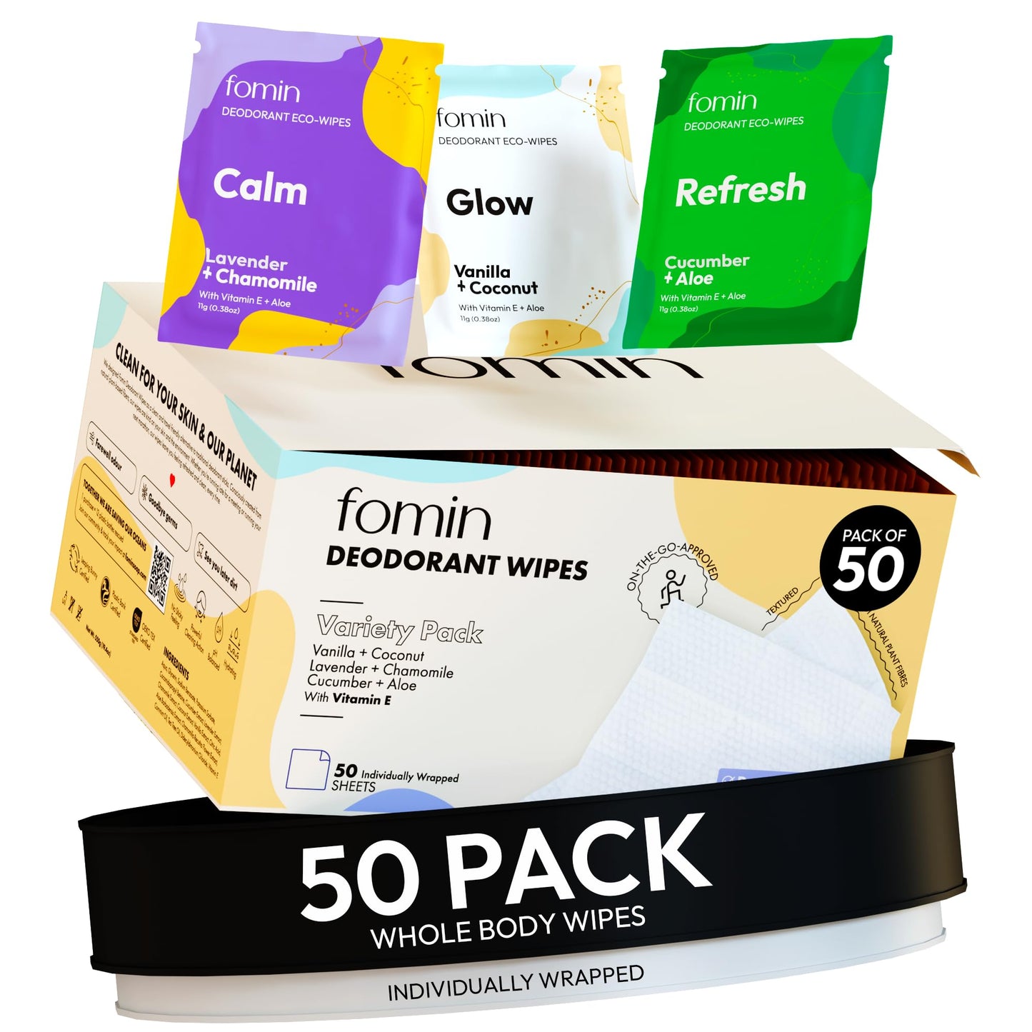 FOMIN Travel Deodorant Wipes - 50 Count - Variety Pack - pH Balanced, Hypoallergenic Mini Deodorant Wipes For Women and Men - Plastic-Free Beauty and Personal Care FOMIN