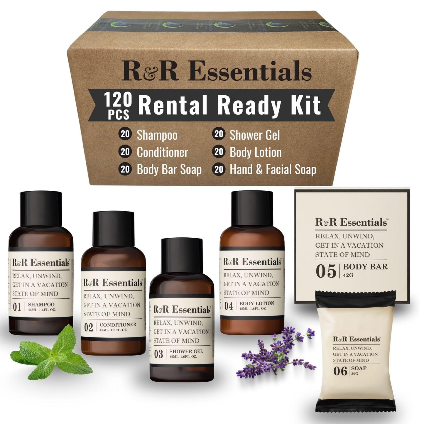 R&R Essentials Hotel Soaps and Toiletries Bundle, Vacation Home Amenities Kit - 1.5oz Shampoo, Conditioner, Shower Gel, Lotion And 2 Bar Soaps Beauty and Personal Care R&R Essentials