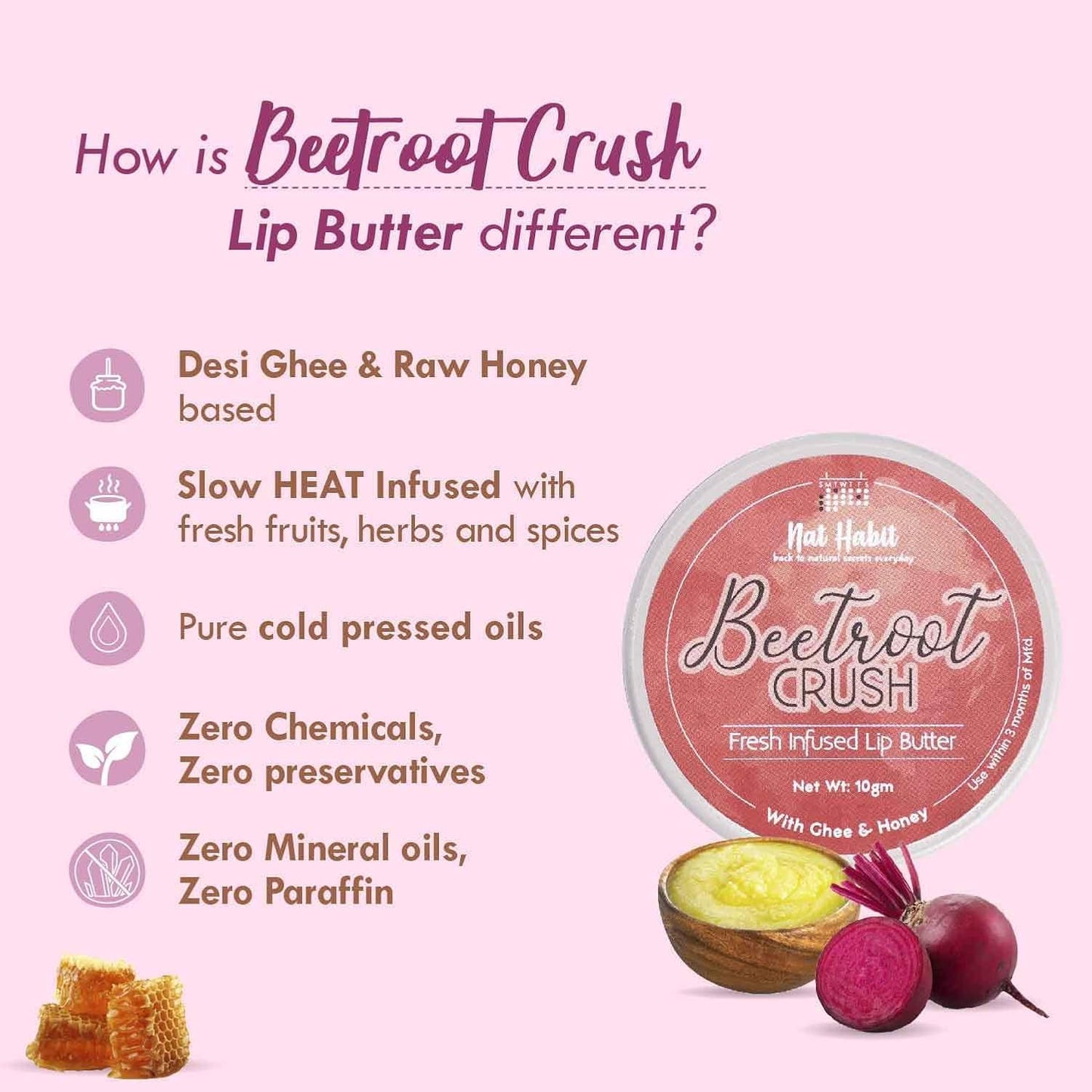 Nat-Habit's Lip Balm Beetroot Crush, 10g Lip Butter with Desi Ghee and Raw Honey, Natural Pink Lips, Pack of 2 Beauty and Personal Care Metrey Herbotech