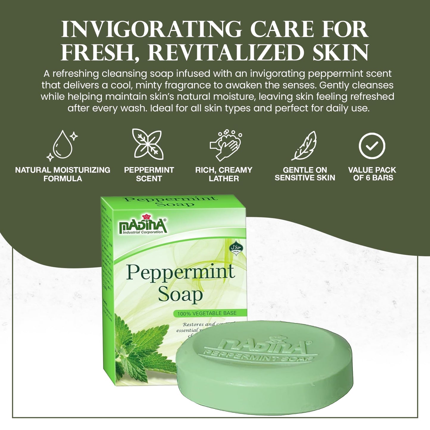 Madina Peppermint Soap Bar 6 Pack - Natural Moisturizing Soap, Invigorating Scent, Refreshing Cleanser, Rich Lather, Daily Use, For All Skin Types Beauty & Personal Care Madina