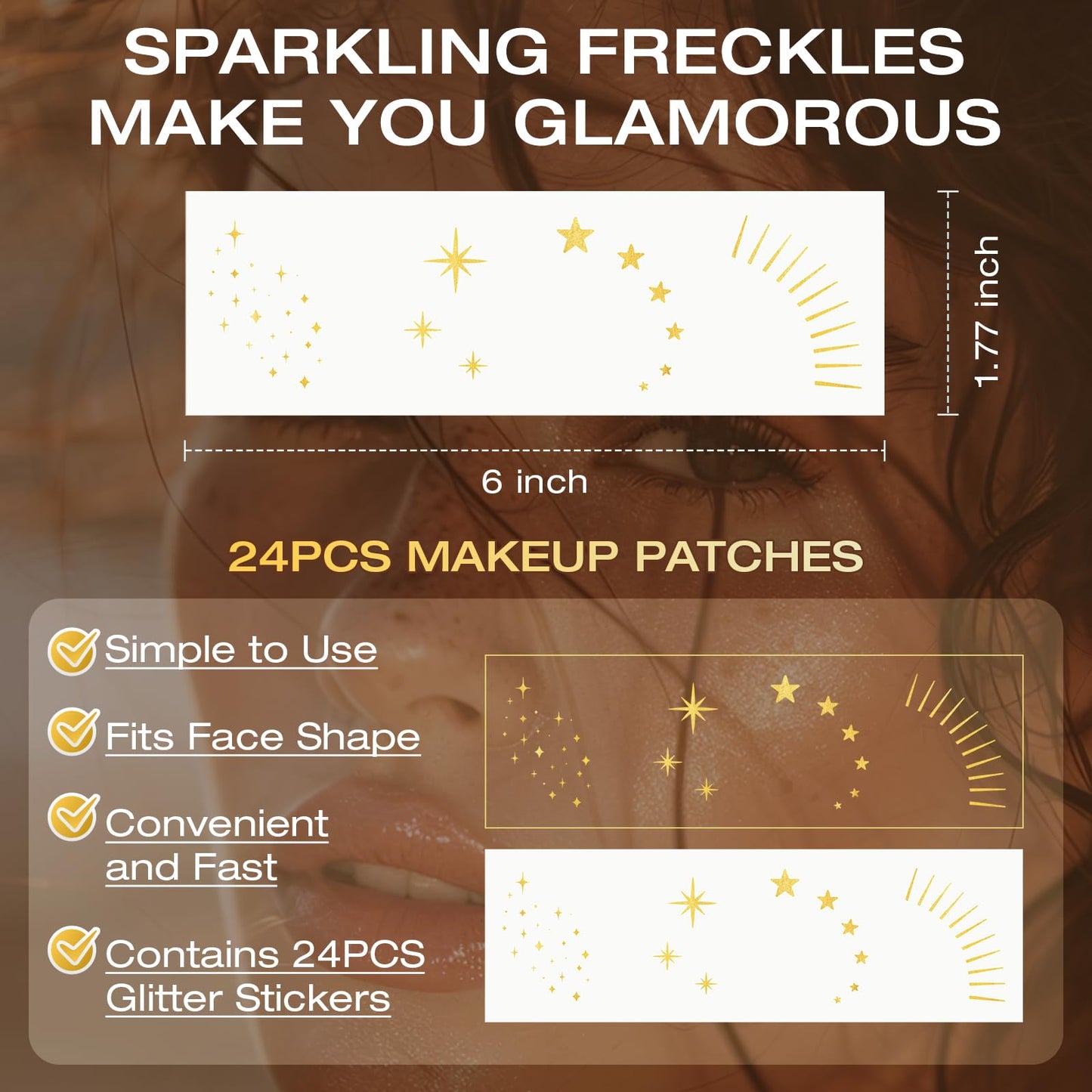 Leterly 24 Pcs Glitter Freckles Face Tattoo,Gold Face Glitter Makeup Patches Cute Sparkle Freckles Patches Waterproof Makeup Speckles for Face Beauty & Personal Care Leterly