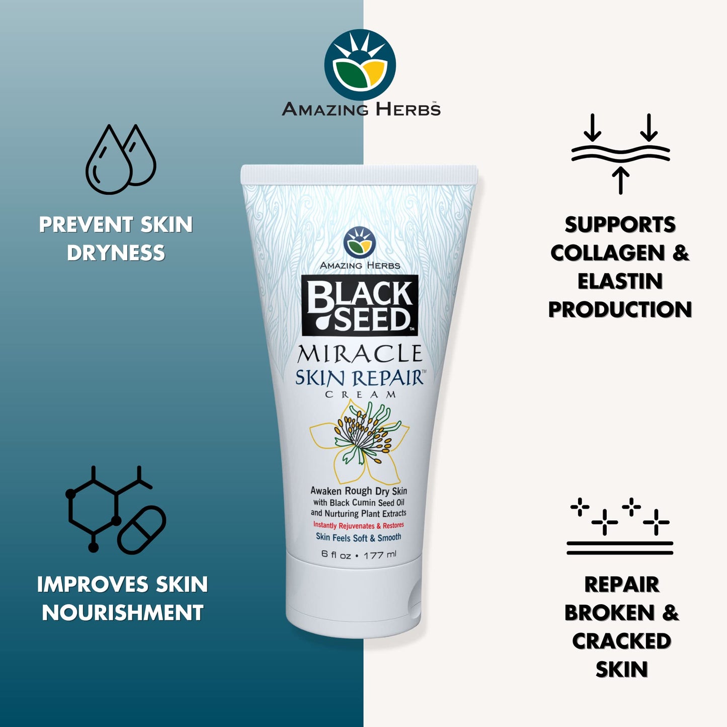 Amazing Herbs Black Seed Miracle Skin Repair Cream - Non-Allergenic Formula, Black Cumin Seed Oil, Vitamin E, and Other Essential Oils Support Beauty & Personal Care Amazing Herbs