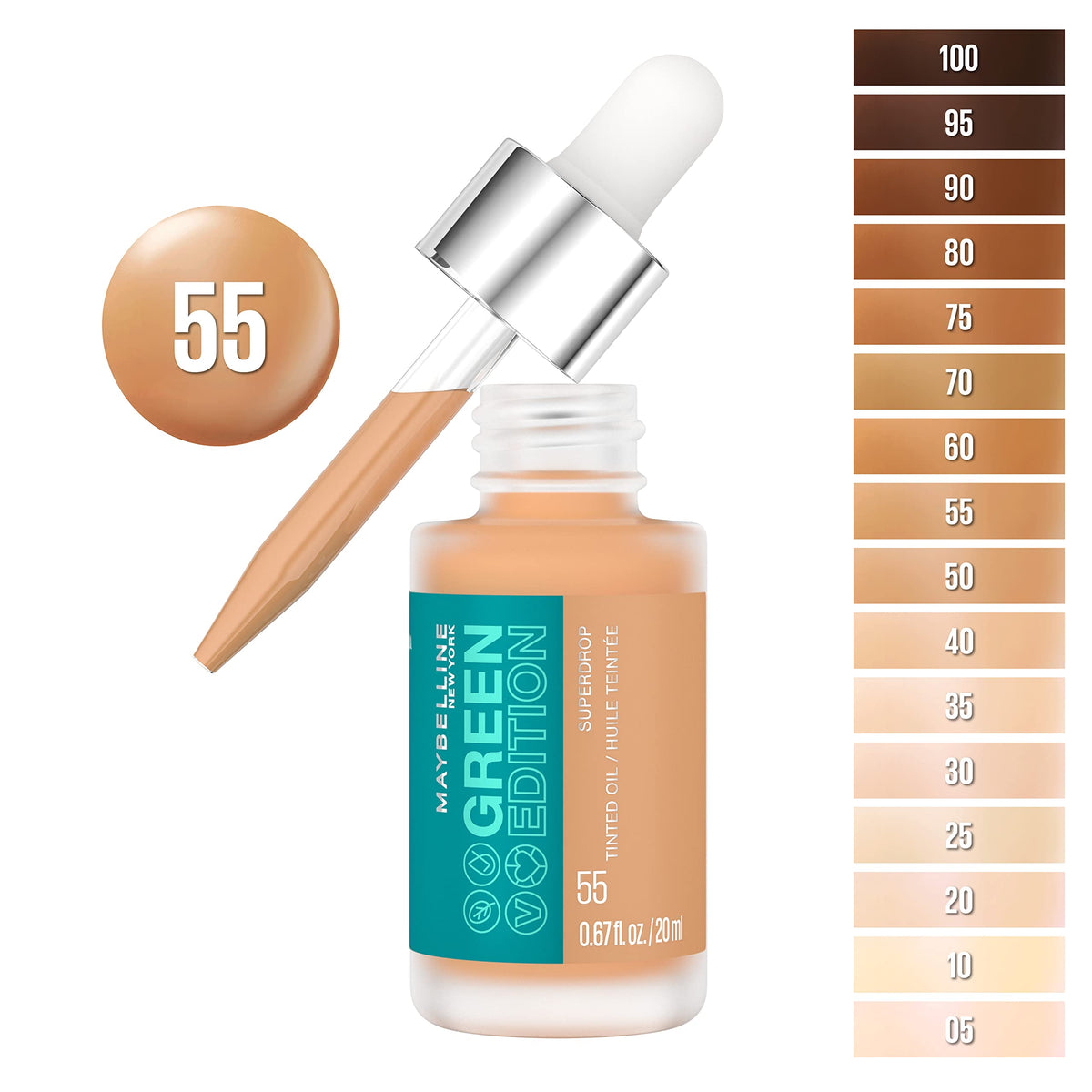 Maybelline Green Edition Superdrop Tinted Oil Base Makeup, Adjustable Natural Coverage Foundation Formulated With Jojoba & Marula Oil, 55, 1 Count