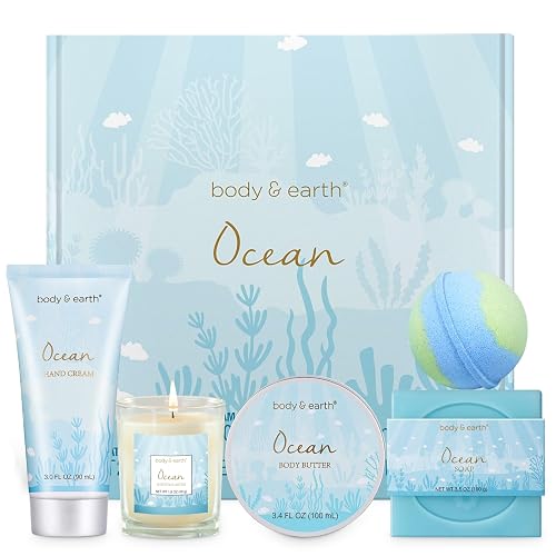 Gifts for Women, Bath and Body Womens Gift Sets with 5 Pcs Ocean Scented Spa Gifts for Women Bath Gift with Scented Candle Body Butter Hand Cream Bath Beauty & Personal Care BODY & EARTH