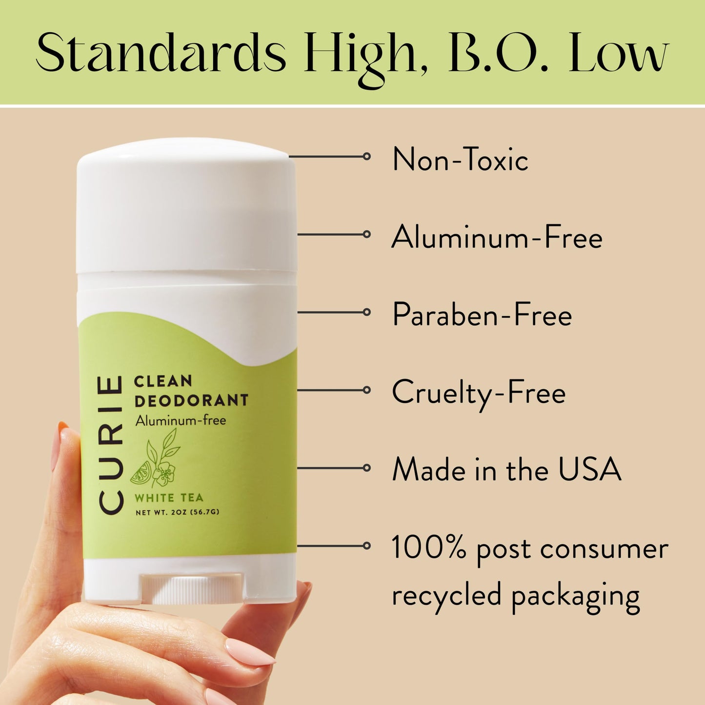 Curie Aluminum Free Deodorant - White Tea 2oz Stick - Natural Deodorant, Paraben Free, Cruelty Free, Non-Toxic Beauty and Personal Care Curie