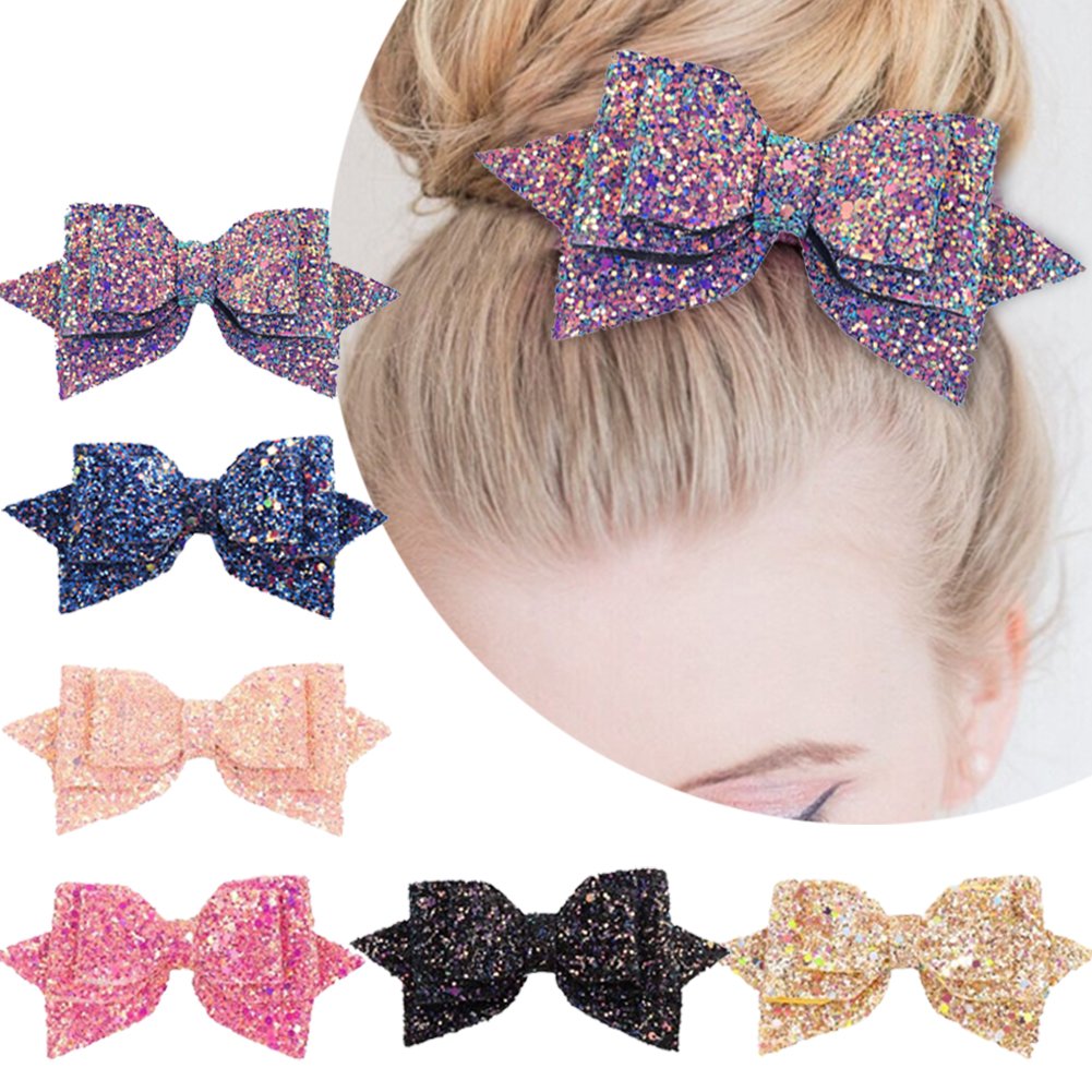 5 Inch Glitter Hair Bows Boutique Hair Clips 6 Pcs Multi Color Glitter Sequins Big Hair Bows for Baby Girls Teens Toddlers Beauty & Personal Care Yeaplike