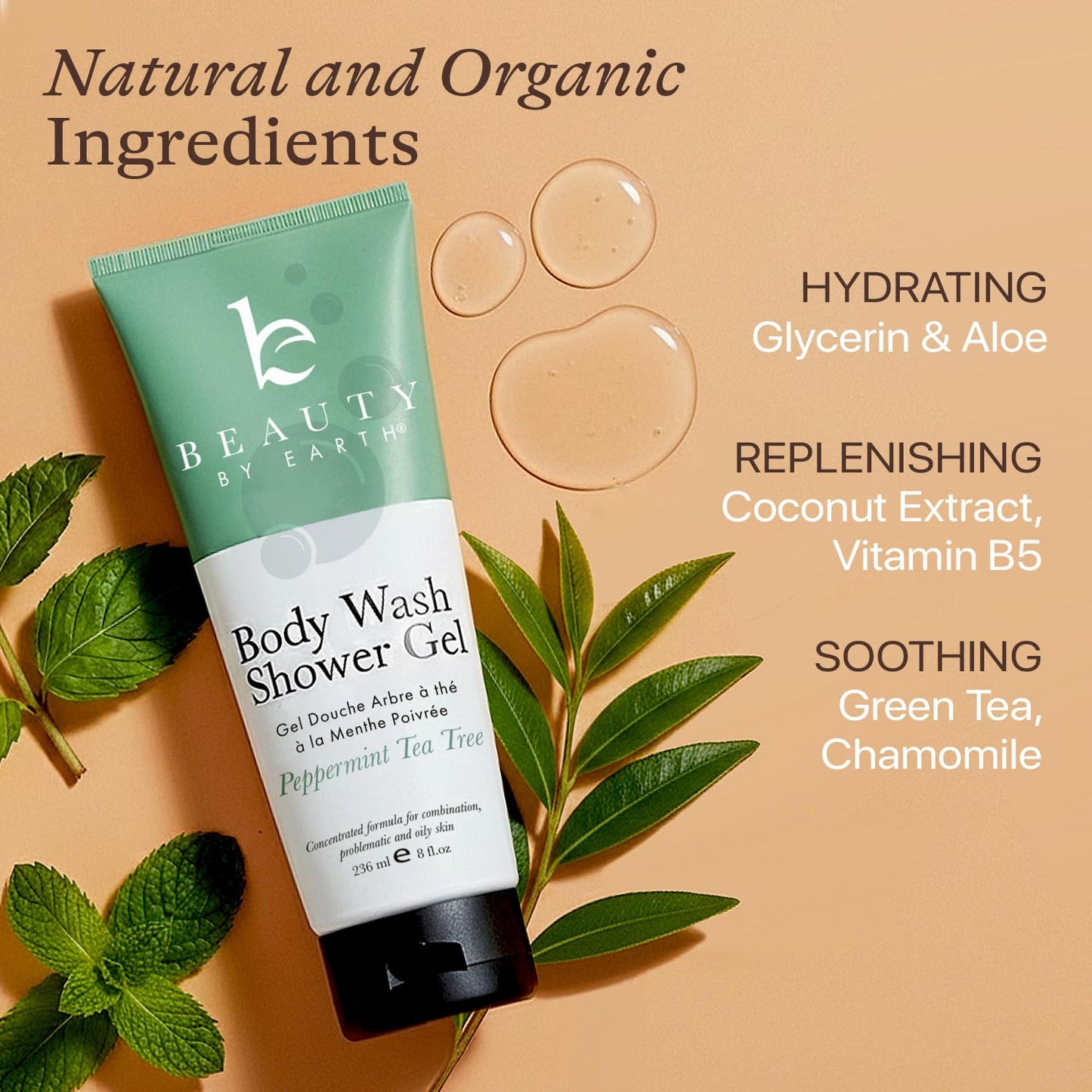 Beauty by Earth Peppermint Tea Tree Oil Shower Gel Body Wash - Made in USA with Organic & Natural Ingredients, Mens Body Soap Liquid, Moisturizing Beauty & Personal Care Beauty by Earth