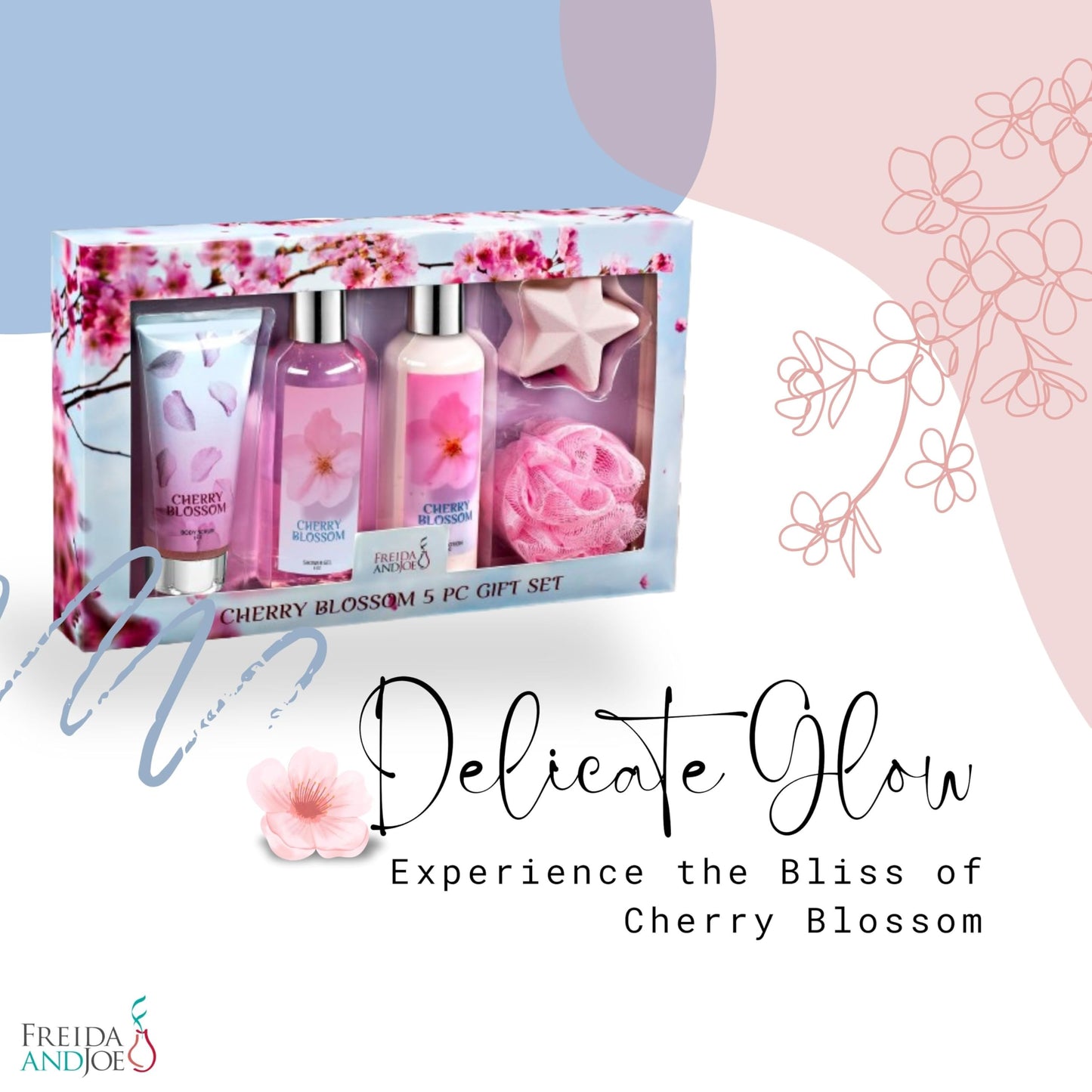 Fragrance Bath & Body Collection Gift Box, Includes Shower Gel, Body Lotion, Body Scrub, Bath Bomb & Sponge (Blue Cherry Blossom) - Mother's Day Gift Beauty and Personal Care Freida and Joe