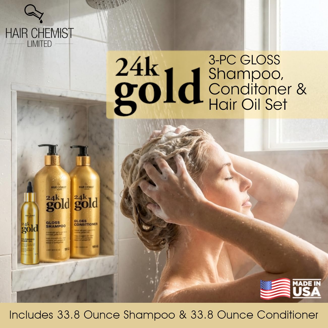 Hair Chemist 24K Gold Gloss Shampoo & Conditioner 3-Piece Hair Care Set - 33.8oz Shampoo, 33.8oz Conditioner & 8 oz Hair Oil - Strengthening, for Dry Beauty & Personal Care Hair Chemist
