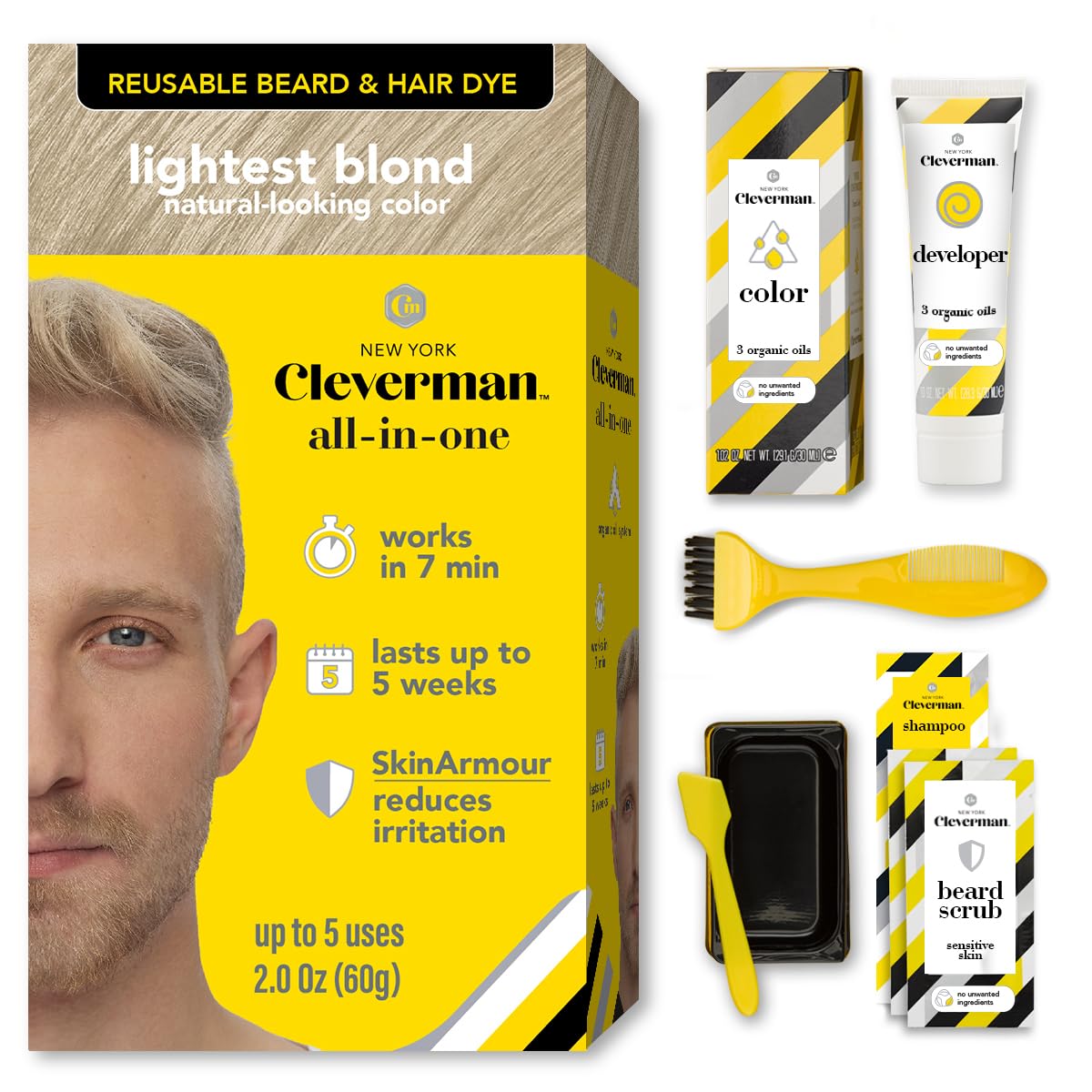 Reusable Hair & Beard Dye for Men - Lightest Blond | Up to 5 Uses, 7 Minutes | Natural Gray Coverage, No-Drip Cream with SkinArmour® - Cleverman Beauty & Personal Care CLEVERMAN