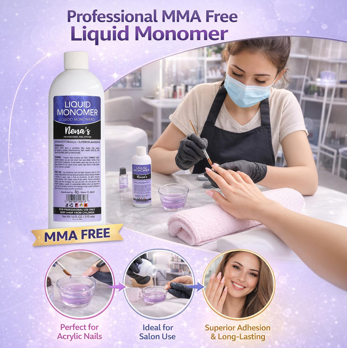 Professional Liquid Monomer by Nena's 16 fl oz, Advanced GlamourShield acrylic formula, no MMA, Non-Yellowing, Quick Dry, Strongest Adhesion, Acrylic