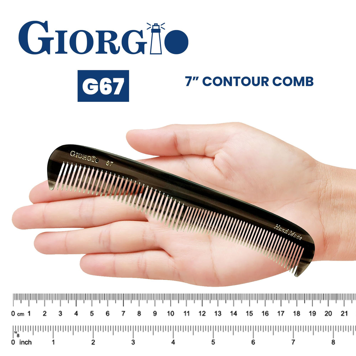 Giorgio G67 Contour Comb - Fine Tooth & Wide Tooth Comb for Thick & Thin Hair - Men, Women & Kids - Saw Cut, Handmade & Hand Polished (7")
