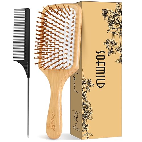 Hair Brush-Natural Wooden Bamboo Brush and Detangle Tail Comb, Paddle Hairbrush for Women Men and Kids Make Thin Long Curly Hair Health and Massage Beauty & Personal Care Sofmild