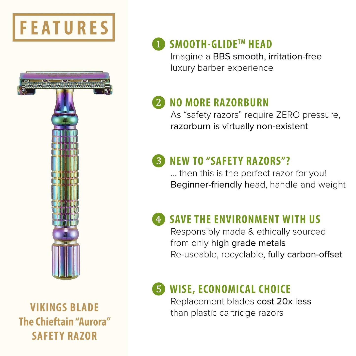 VIKINGS BLADE Double Edge Safety Razor + 5 Swedish Steel Blades + Luxury Case. Smooth, Reusable, Recyclable (Chieftain "Aurora") Beauty and Personal Care Vikings Blade