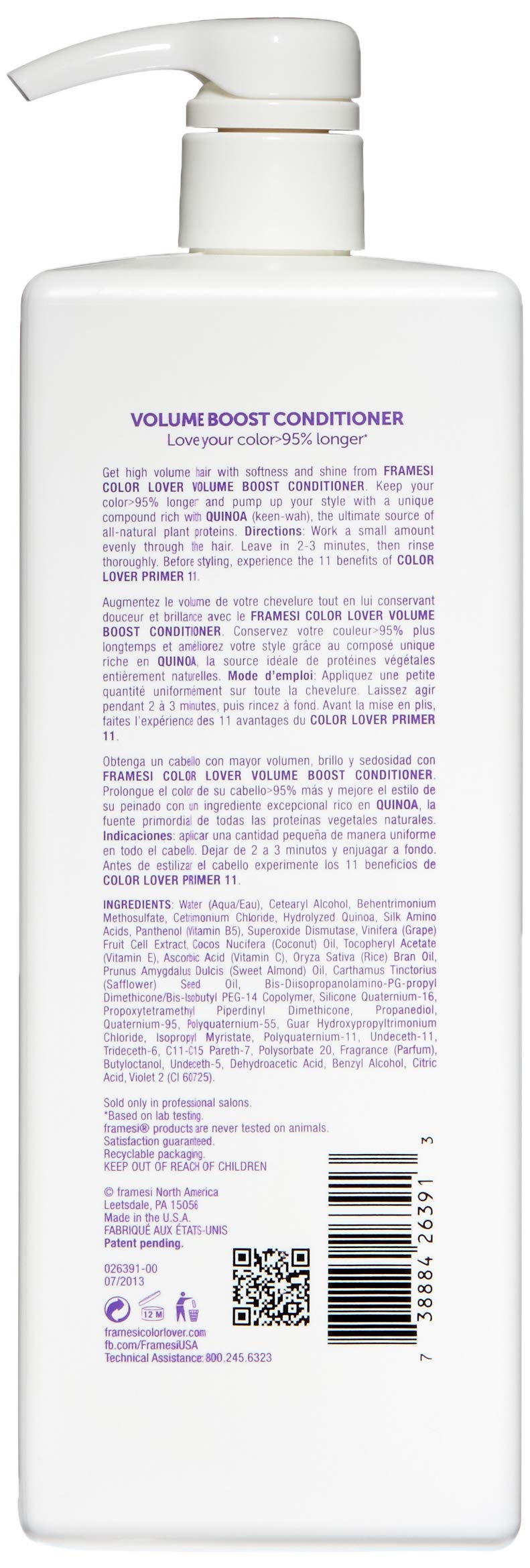 FRAMESI Color Lover Volume Boost Conditioner, 33.8 fl oz, Sulfate Free Volumizing Conditioner with Quinoa and Coconut Oil, Color Treated Hair Beauty & Personal Care FRAMESI