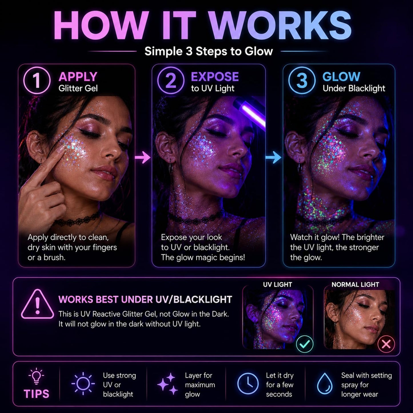 FindinBeauty 12 Colors Glow in the Dark Glitter Gel, UV Blacklight Reactive Face & Body Glitter, No Glue Needed, Cosmetic Grade for Eyes, Hair Beauty & Personal Care FindinBeauty