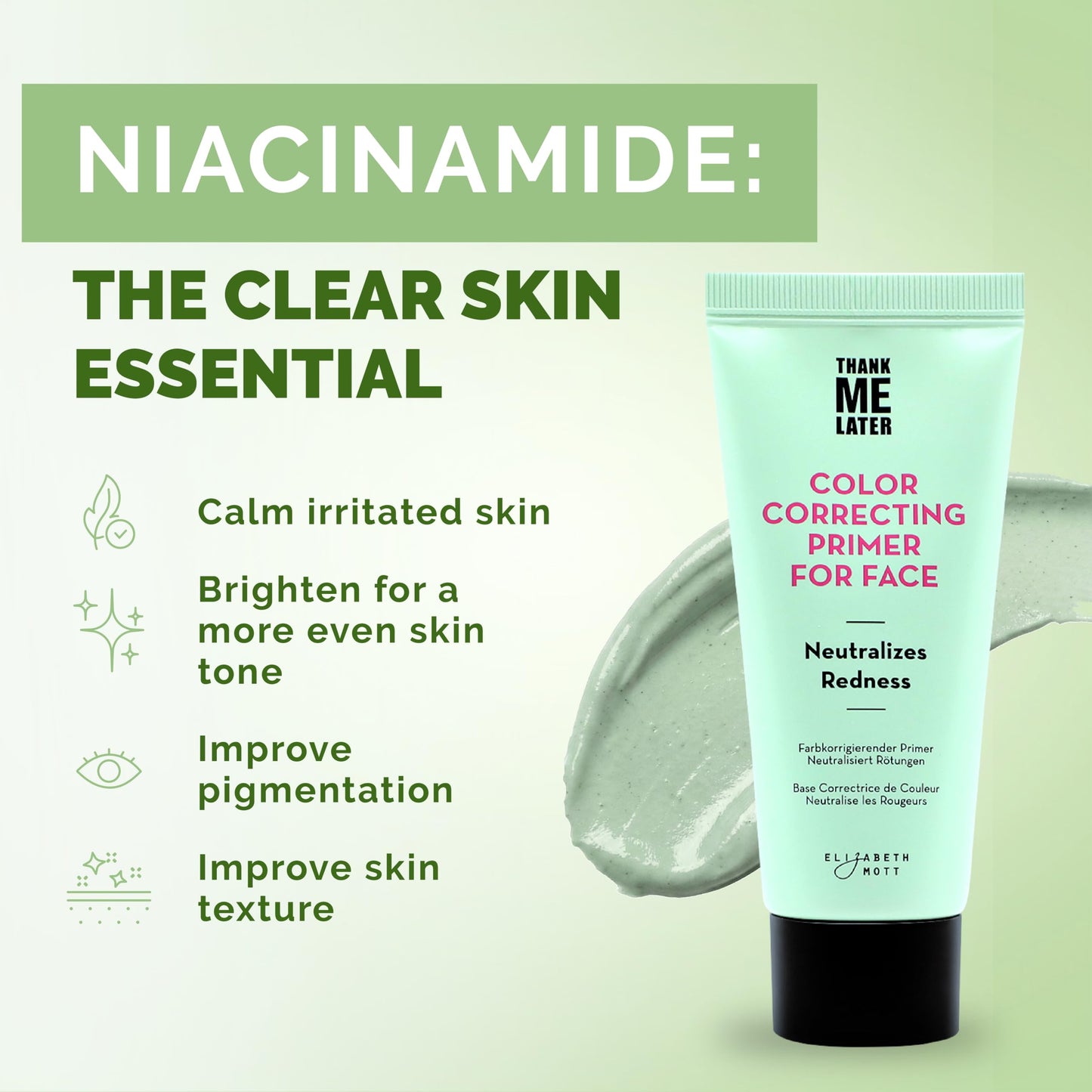 Elizabeth Mott Thank Me Later Color Correcting Face Primer - Niacinamide and Cica Soothes and Neutralizes Uneven Skin Tone and Facial Redness - Grips Beauty & Personal Care Elizabeth Mott